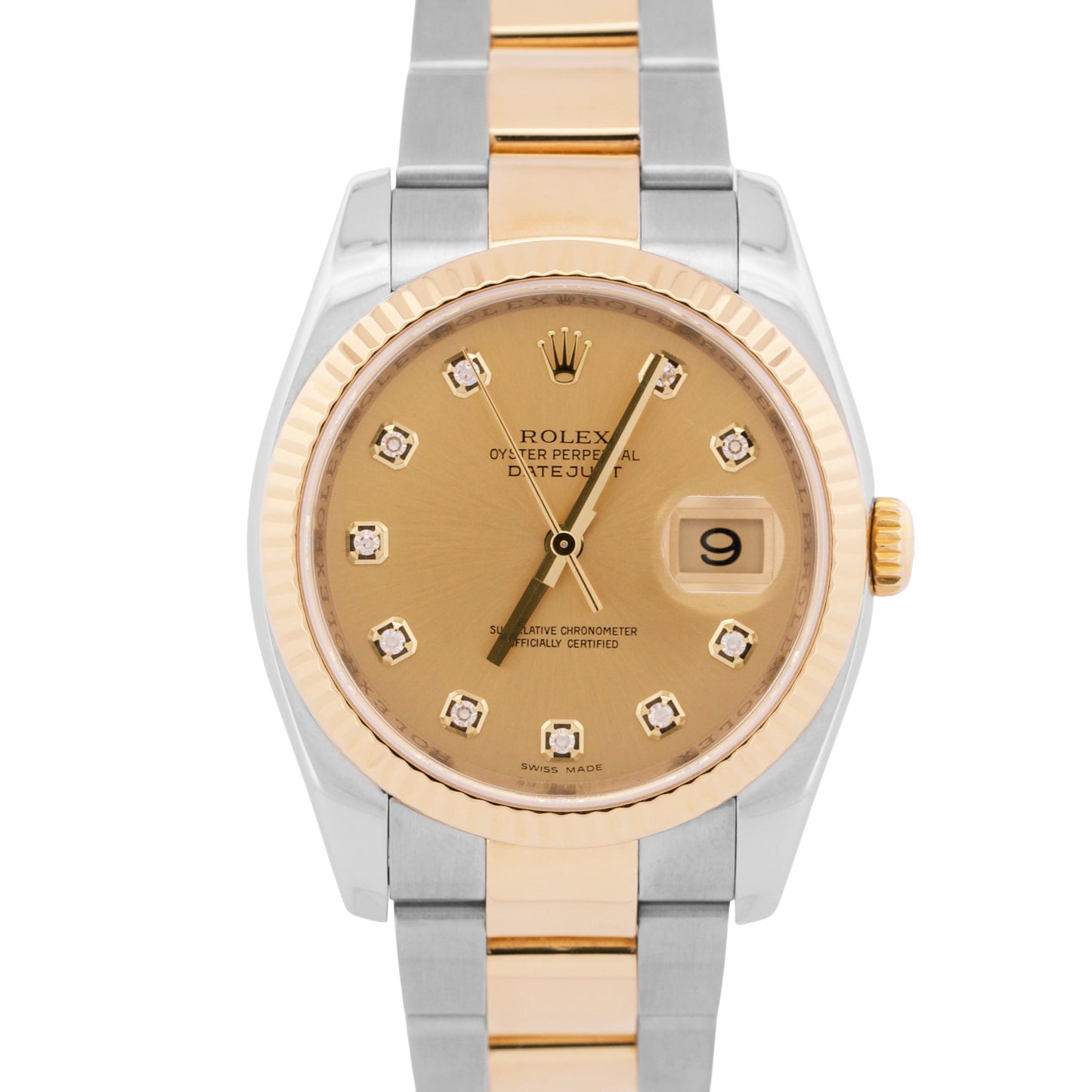 MINT Rolex DateJust 36mm CHAMPAGNE DIAMOND 18K Gold Fluted OYSTER 116233 Watch