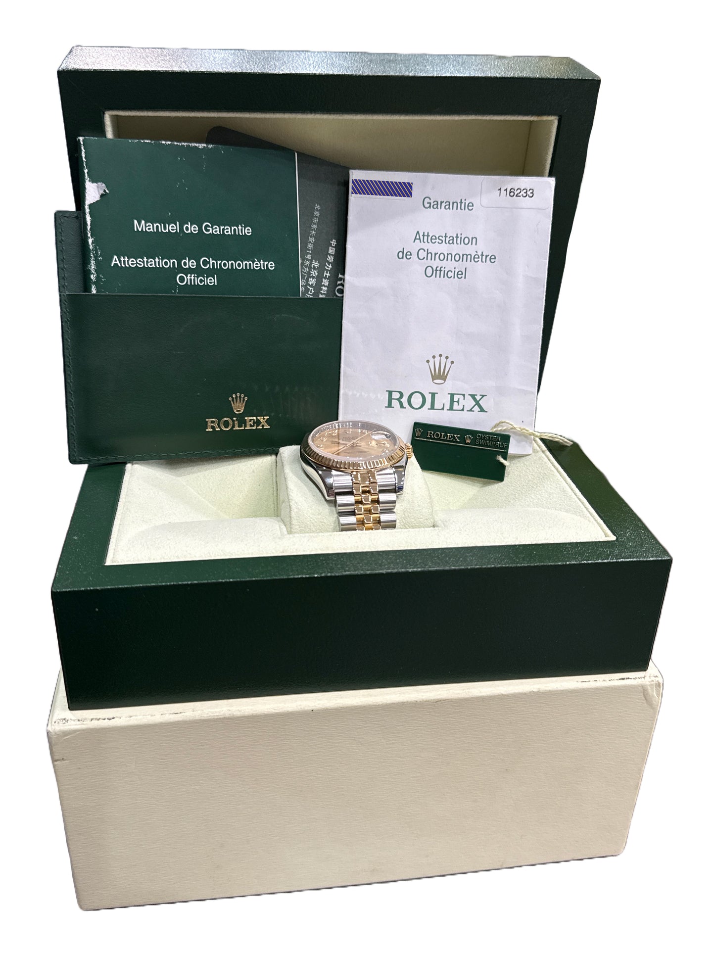 MINT PAPERS Rolex DateJust 36mm CHAMPAGNE DIAMOND 18K Gold JUBILEE 116233 BOX