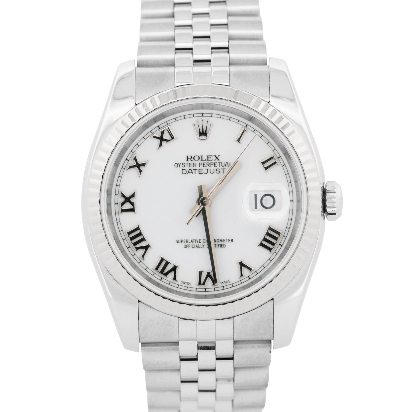 Rolex DateJust WHITE ROMAN 36mm 18K White Gold Fluted Steel JUBILEE 116234 Watch