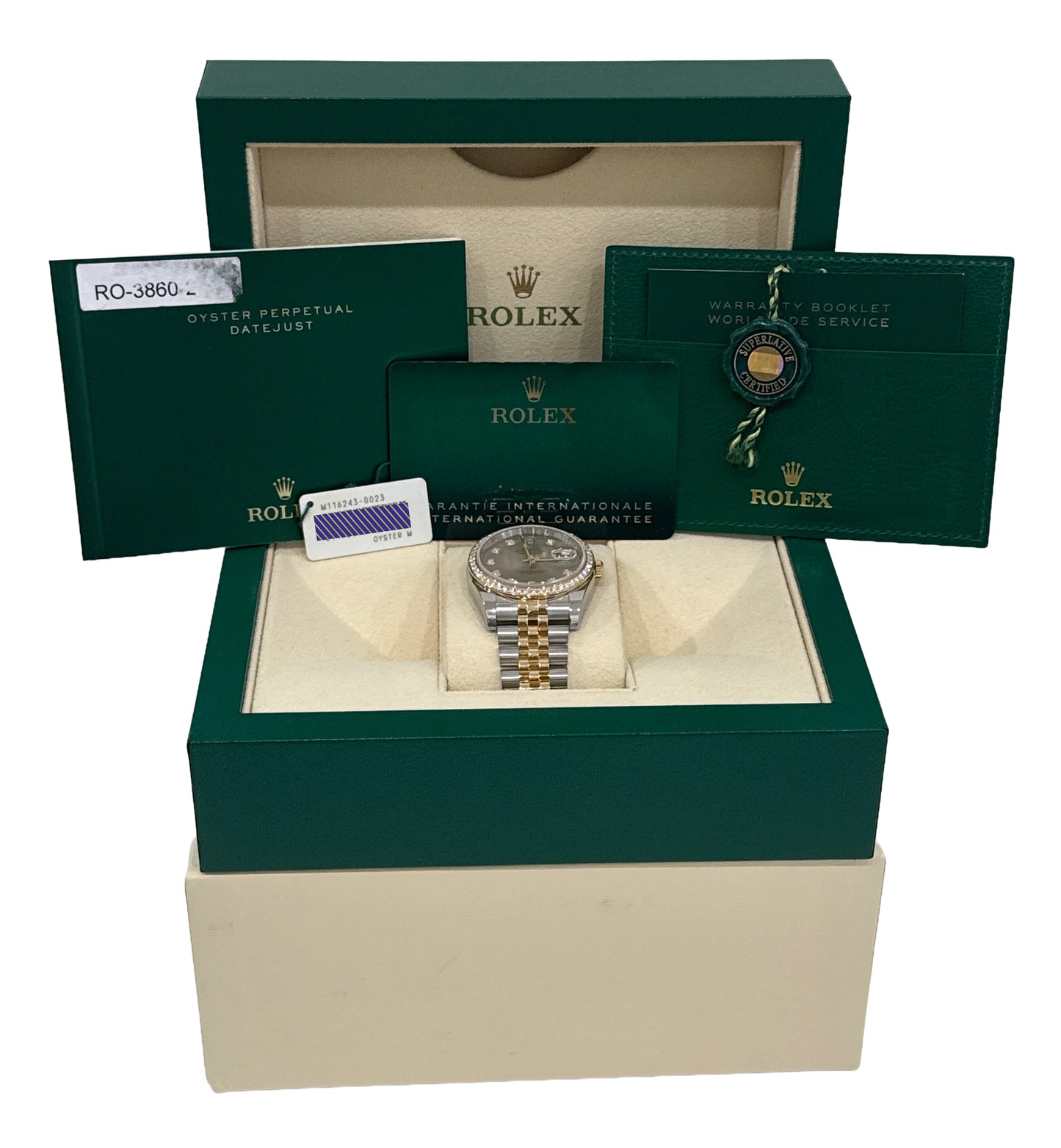 PAPERS Rolex DateJust 36mm FACTORY RHODIUM DIAMOND 18K Gold JUBILEE 116243 BOX