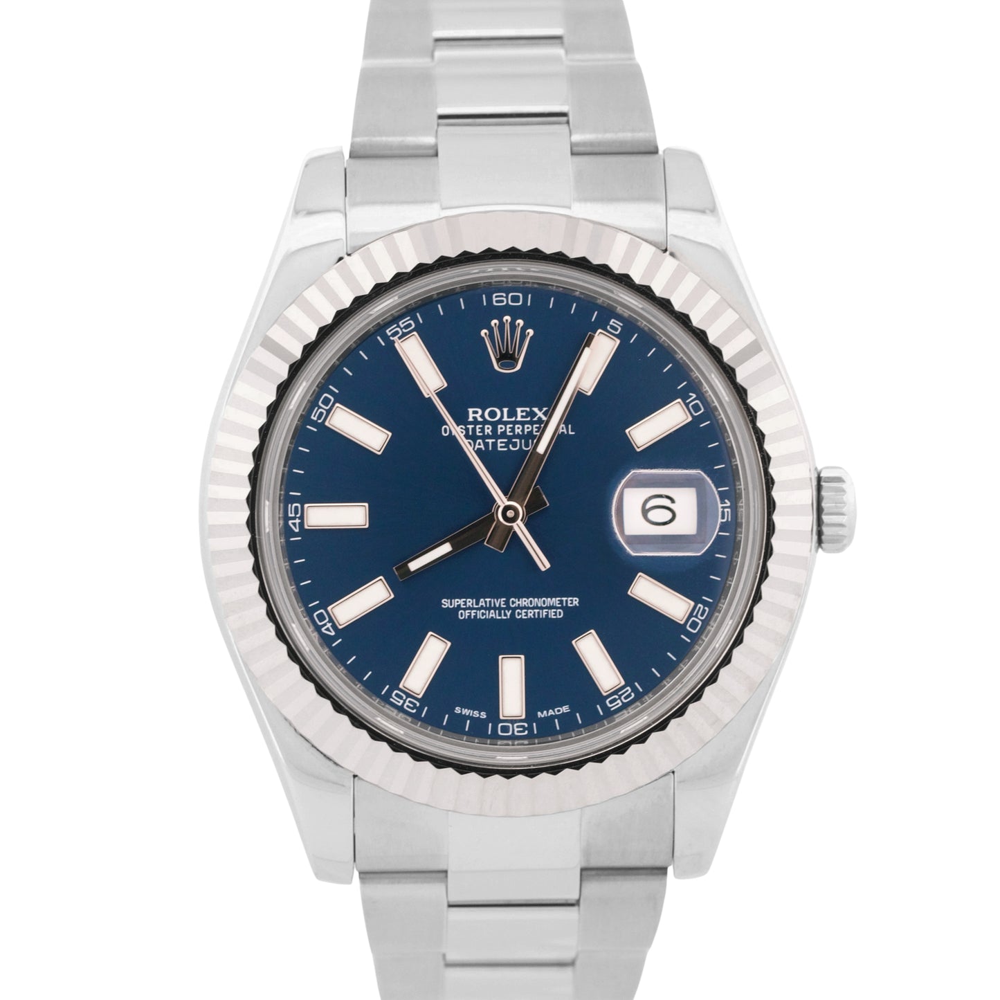 MINT Rolex DateJust II BLUE Stainless Steel 18K Fluted Oyster 41mm Watch 116334