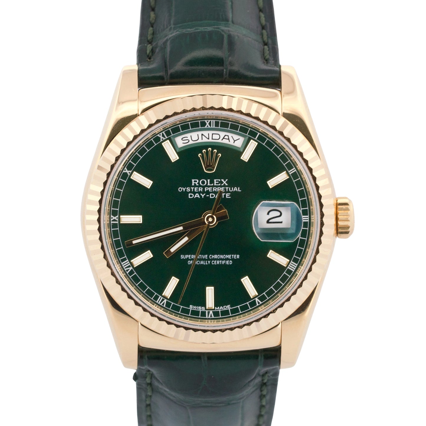 Rolex Day-Date 36 GREEN 18K Yellow Gold FLUTED Leather 36mm 118138 Watch