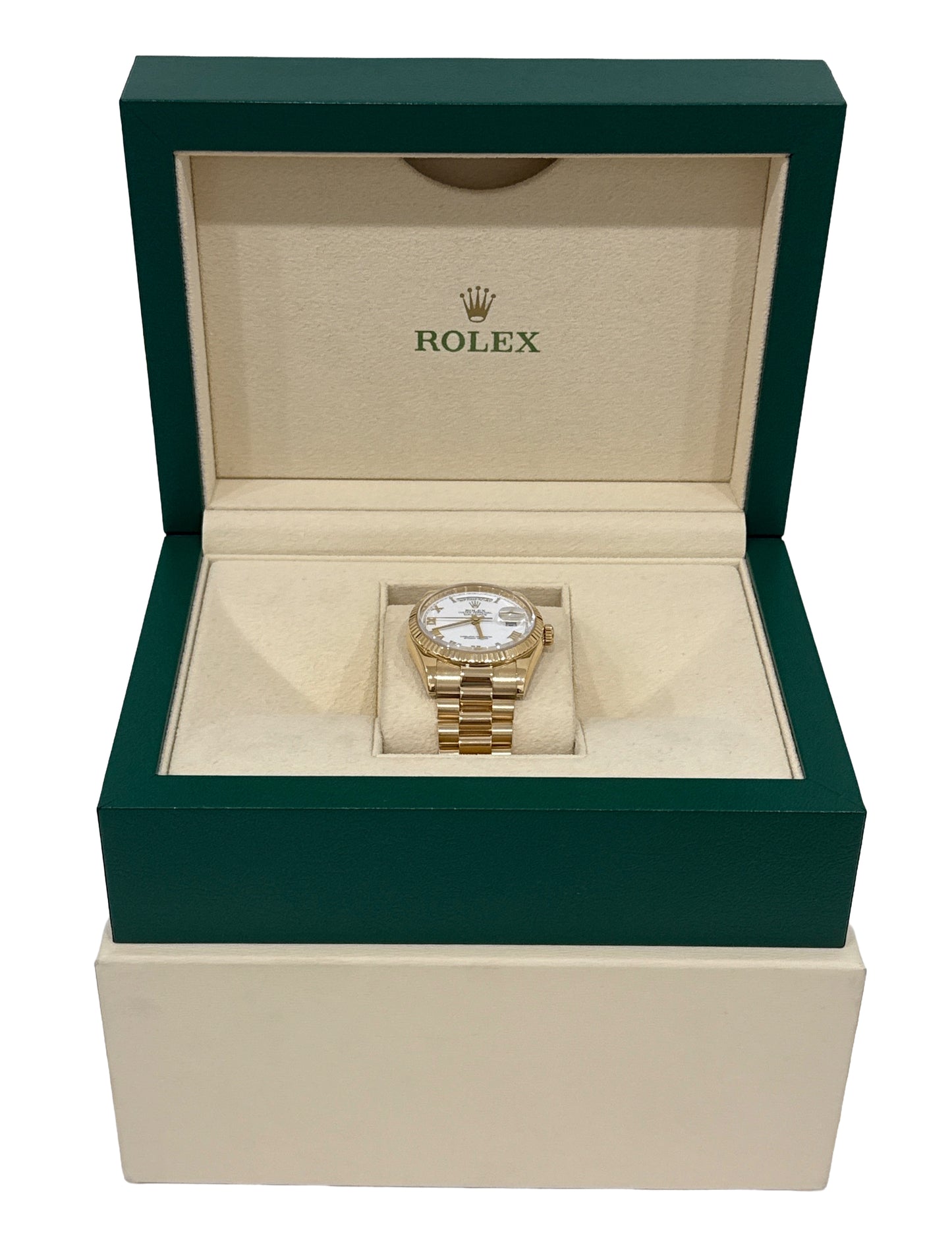 Rolex Day-Date President WHITE ROMAN 18K Yellow Gold Fluted 36mm 118238 BOX