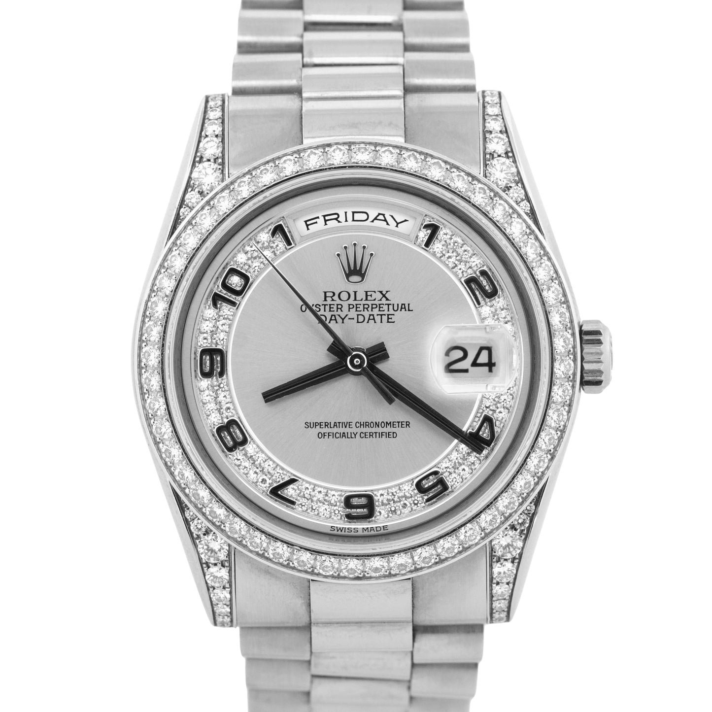 Rolex Day-Date President 36mm SILVER CONCENTRIC DIAMOND 18K Gold 118389 Watch