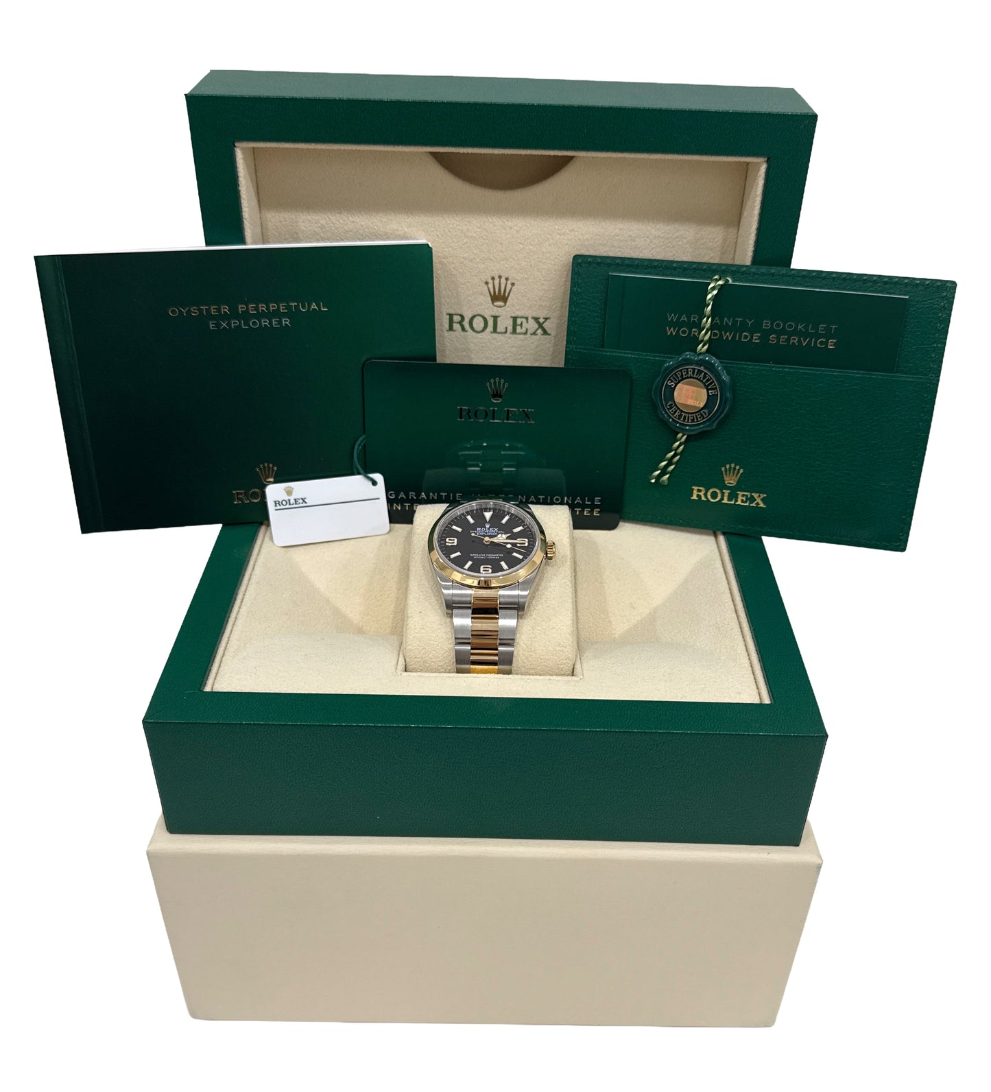 2023 PAPERS Rolex Explorer I Black TWO-TONE 18K Gold Steel 36mm 124273 Watch BOX