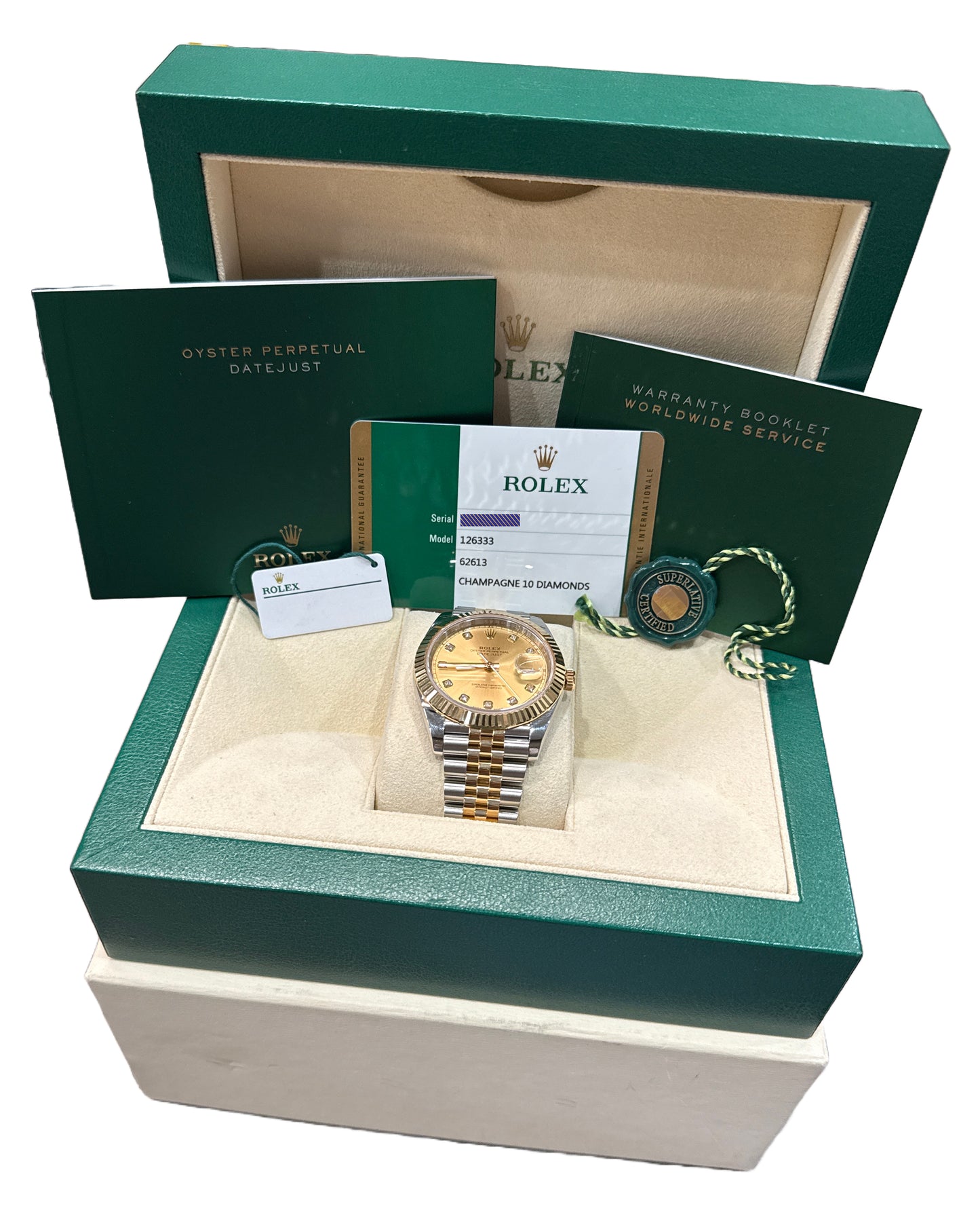 MINT PAPERS Rolex DateJust 41mm CHAMPAGNE DIAMOND 18K Gold JUBILEE 126333 BOX