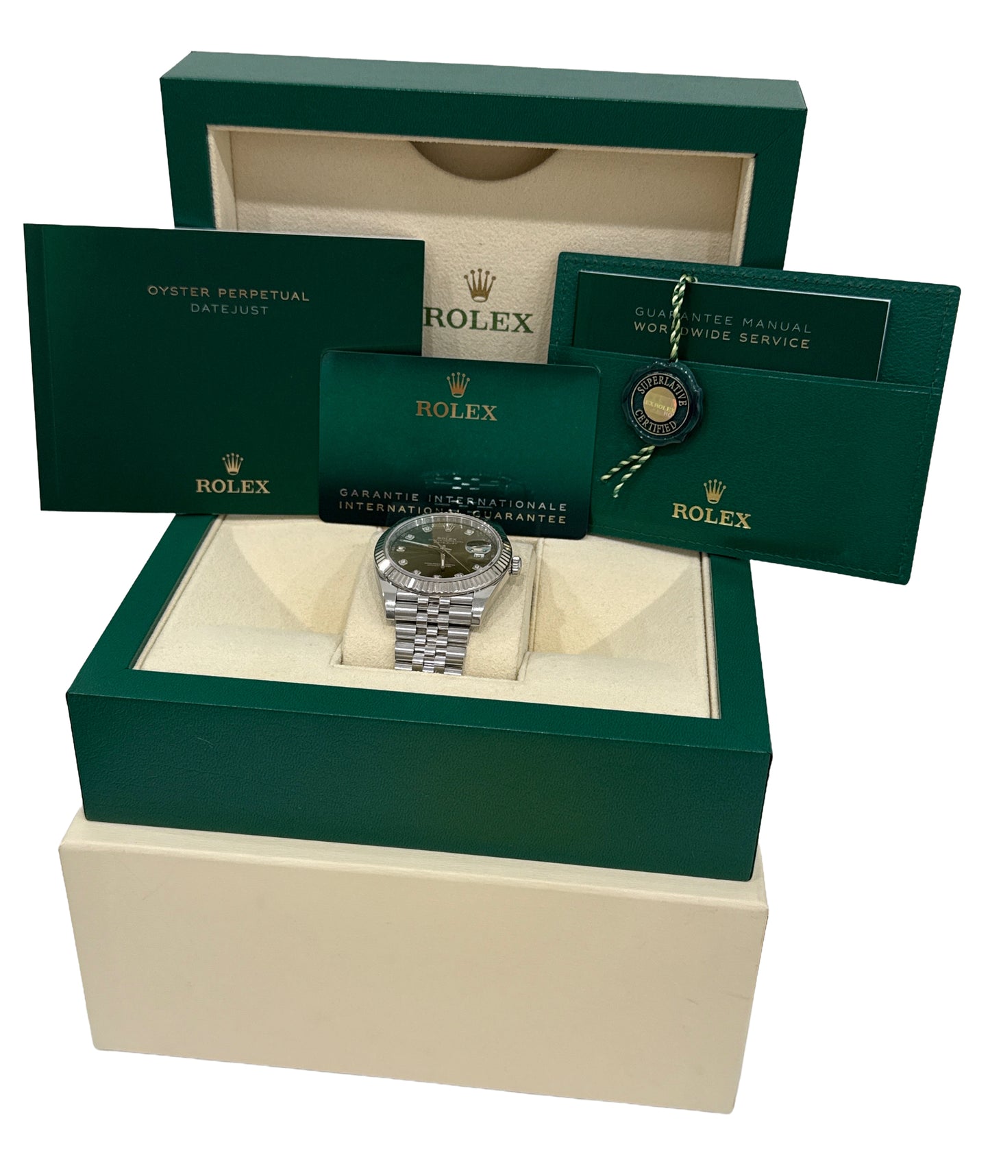 2022 PAPERS Rolex DateJust 41 GREEN DIAMOND 18K Gold 41mm JUBILEE 126334 BOX