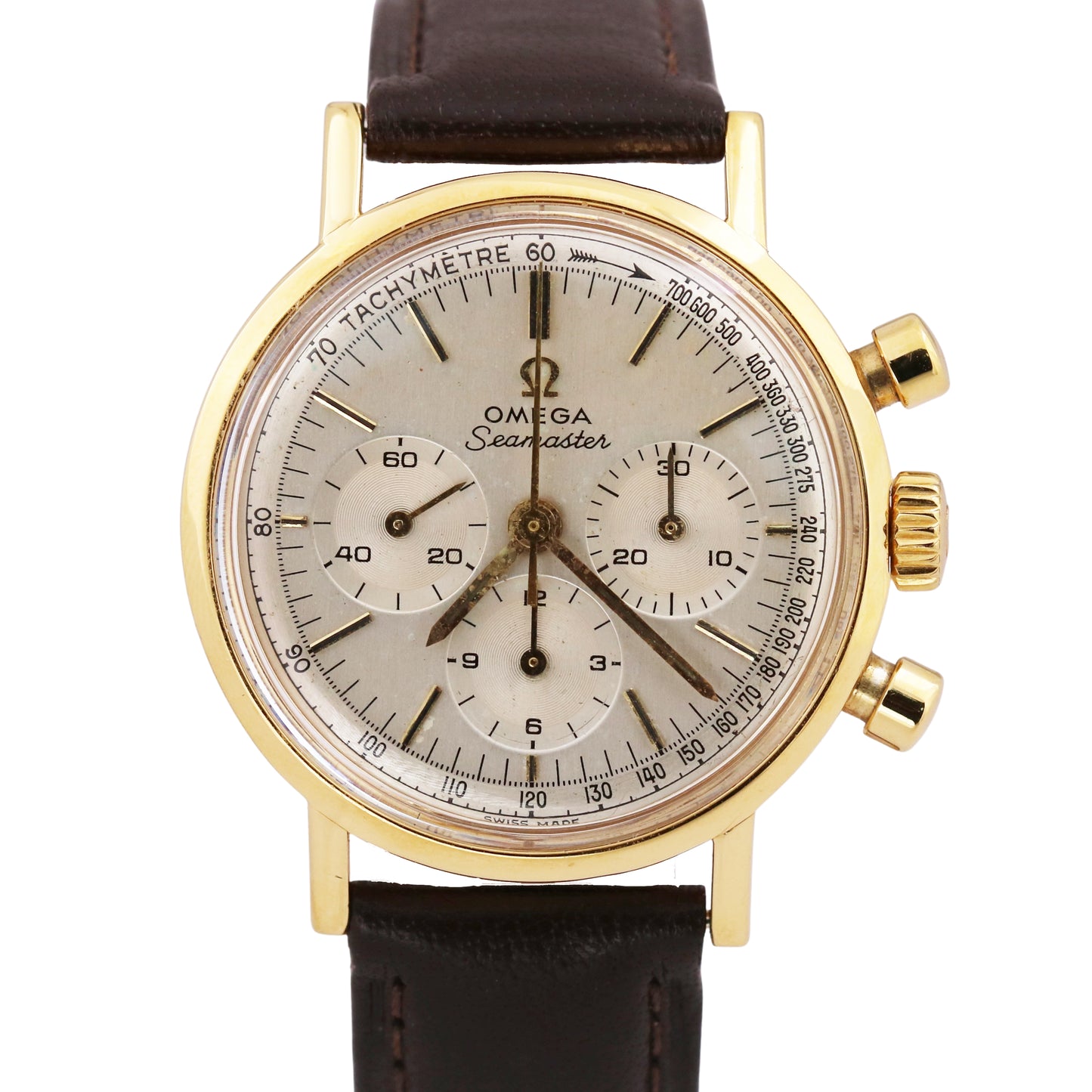 VINTAGE Omega Seamaster Chronograph SILVER 18K Gold Steel 35mm 145.005-67 Watch