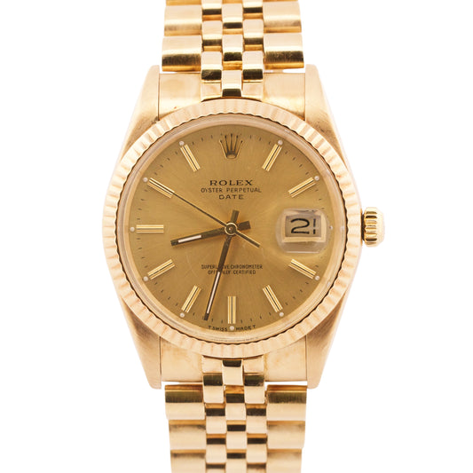 VINTAGE 1988 Rolex Oyster Perpetual Date 34mm CHAMPAGNE 14K Gold Fluted 15037