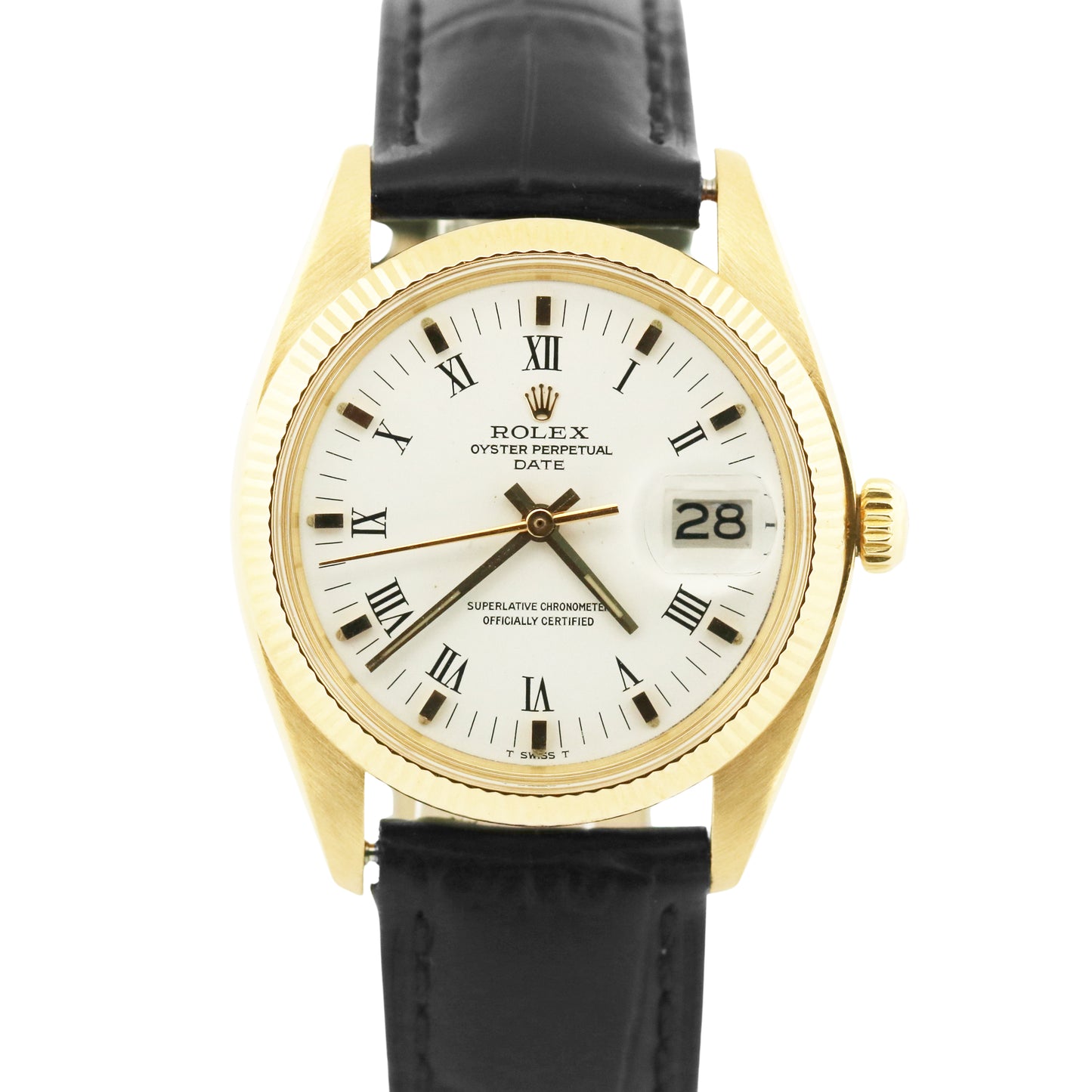 VINTAGE Rolex Oyster Perpetual Date 34mm WHITE BUCKLEY 18K Yellow Gold 1503