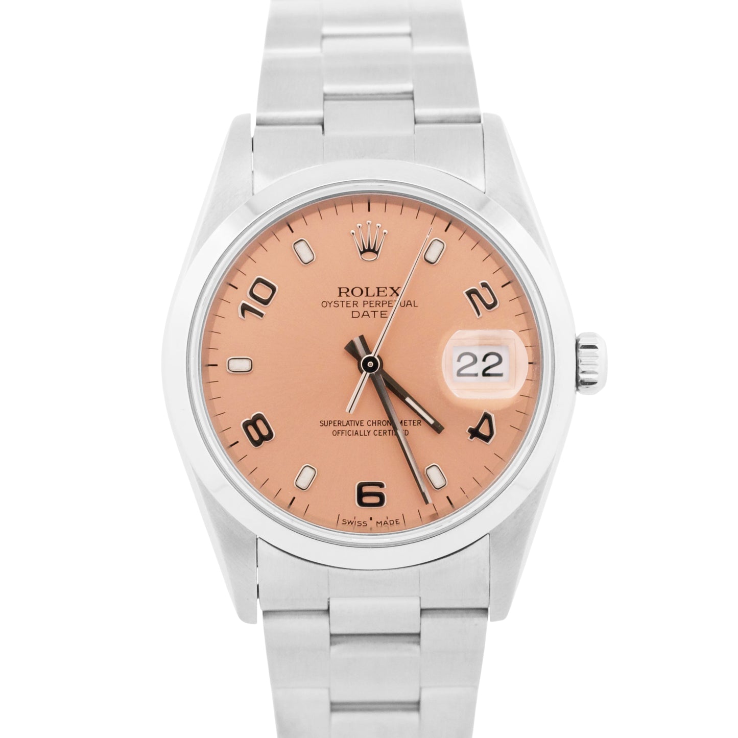 MINT Rolex Oyster Perpetual Date 34mm SALMON Pink Stainless Steel Watch 15200