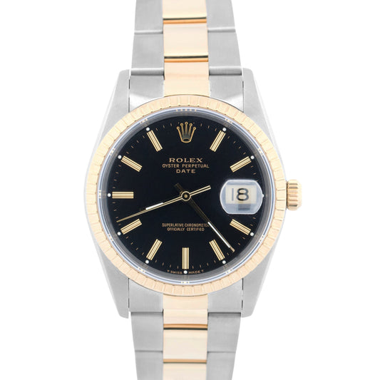 PAPERS Rolex Oyster Perpetual Date 34mm BLACK 18K Yellow Gold OYSTER 15233 BOX