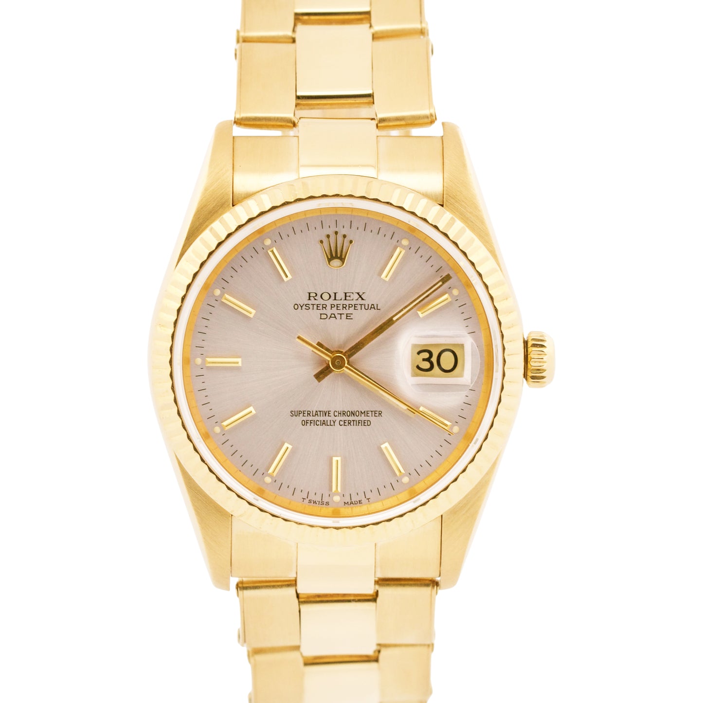 Rolex Oyster Perpetual Date 34mm SILVER 18K Yellow Gold FLUTED Watch 15238