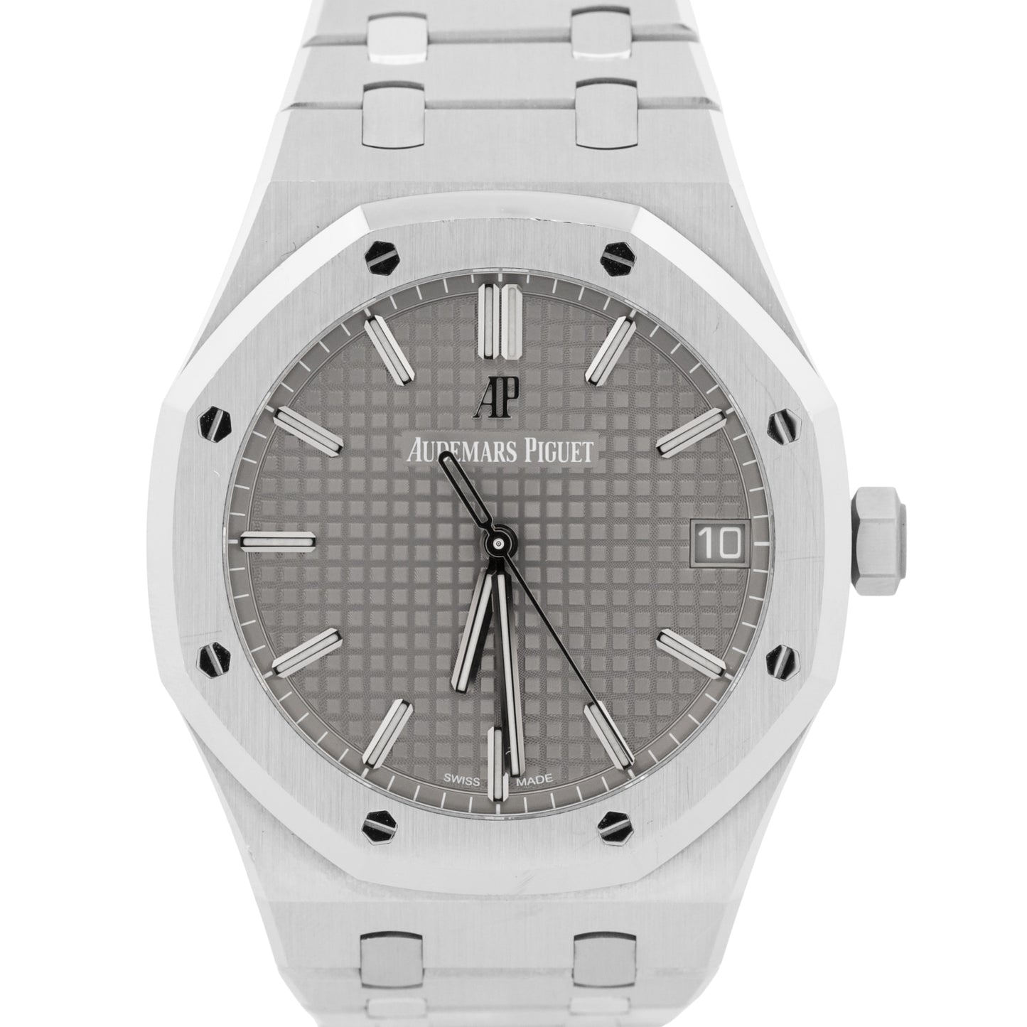 PAPERS Audemars Piguet Royal Oak Gray RHODIUM Stainless 41mm 15500ST Watch BOX