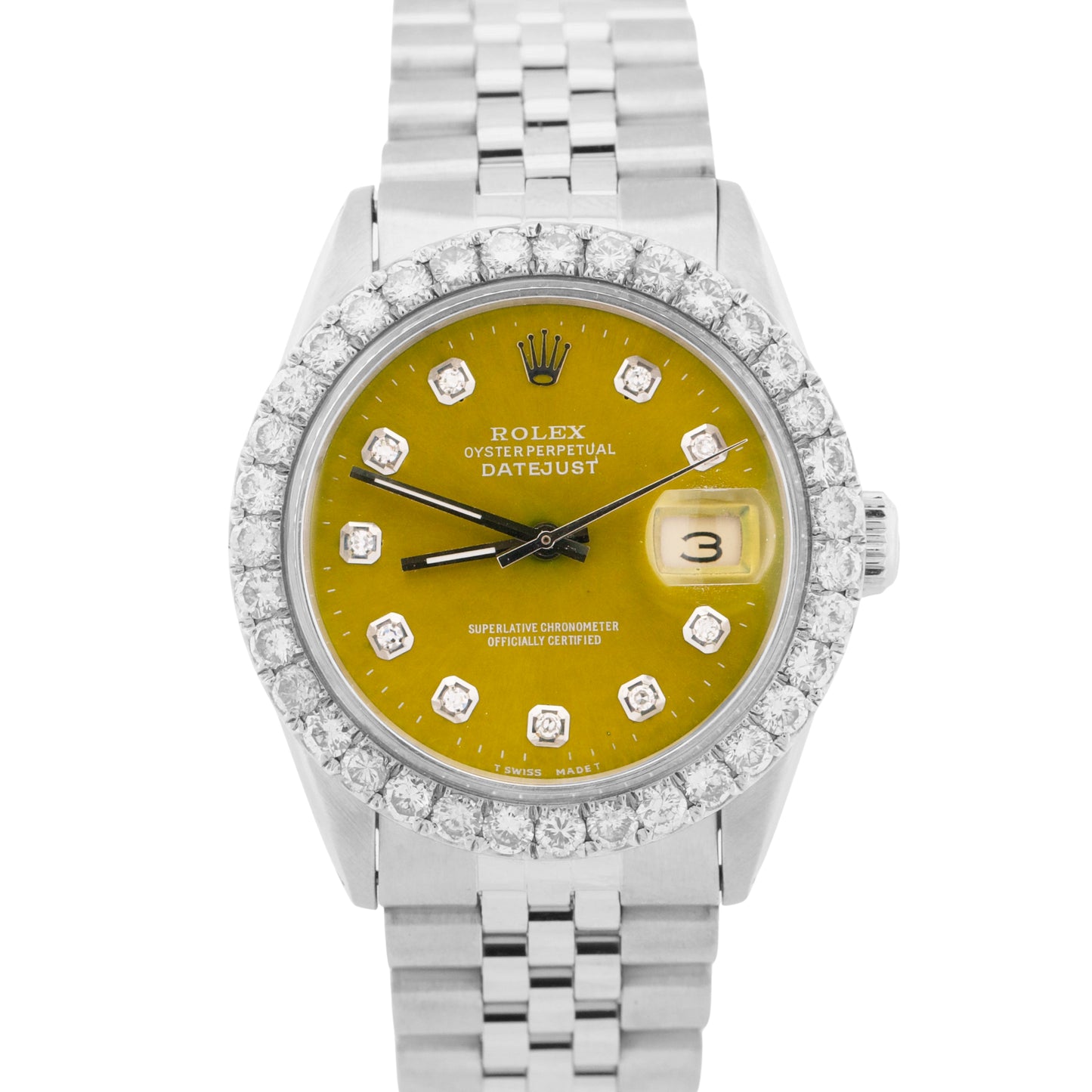 VINTAGE Rolex DateJust 36mm GREEN DIAMOND 18K Gold Steel JUBILEE 16013 Watch