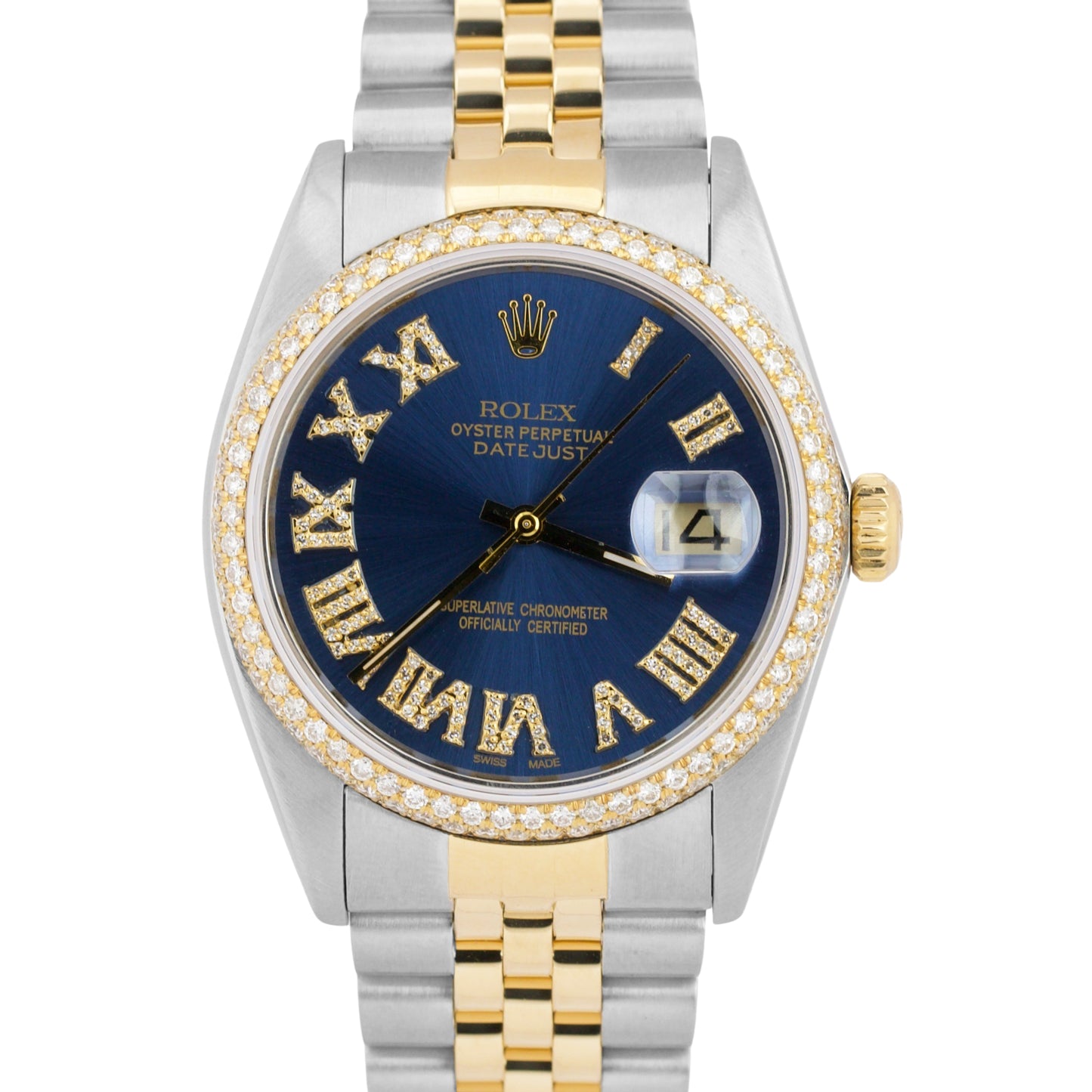 Rolex DateJust 36mm BLUE PAVE ROMAN DIAMOND 18K Yellow Gold Steel JUBILEE 16013