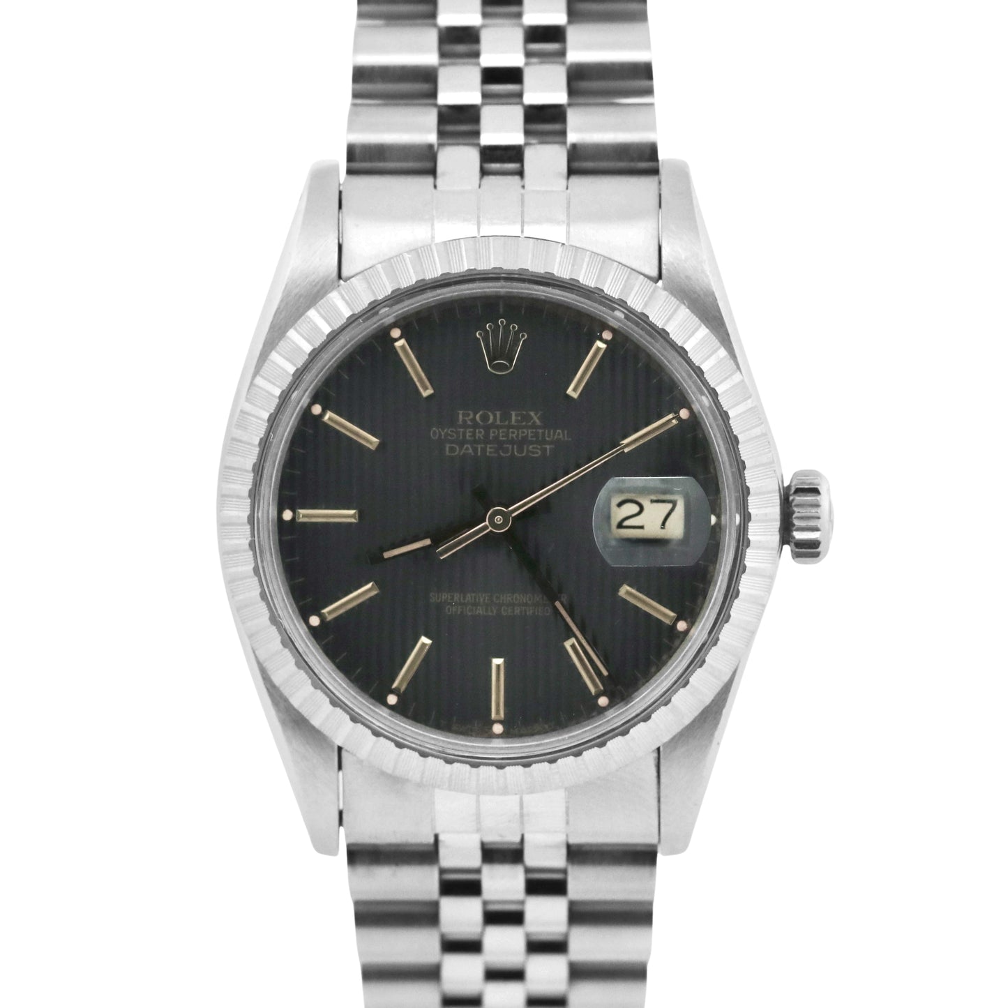 Rolex DateJust 36mm BLACK TAPESTRY Steel Engine Turned JUBILEE Watch 16030