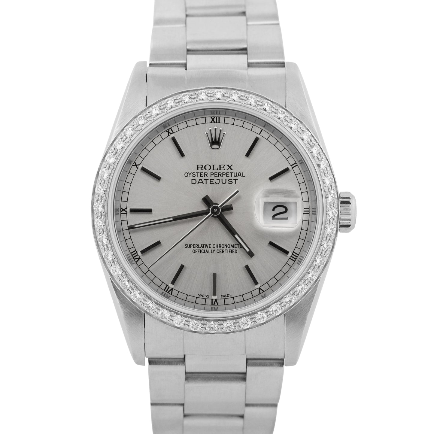 Rolex DateJust 36mm SILVER DIAMOND Stainless Steel Oyster NO-HOLES Watch 16200
