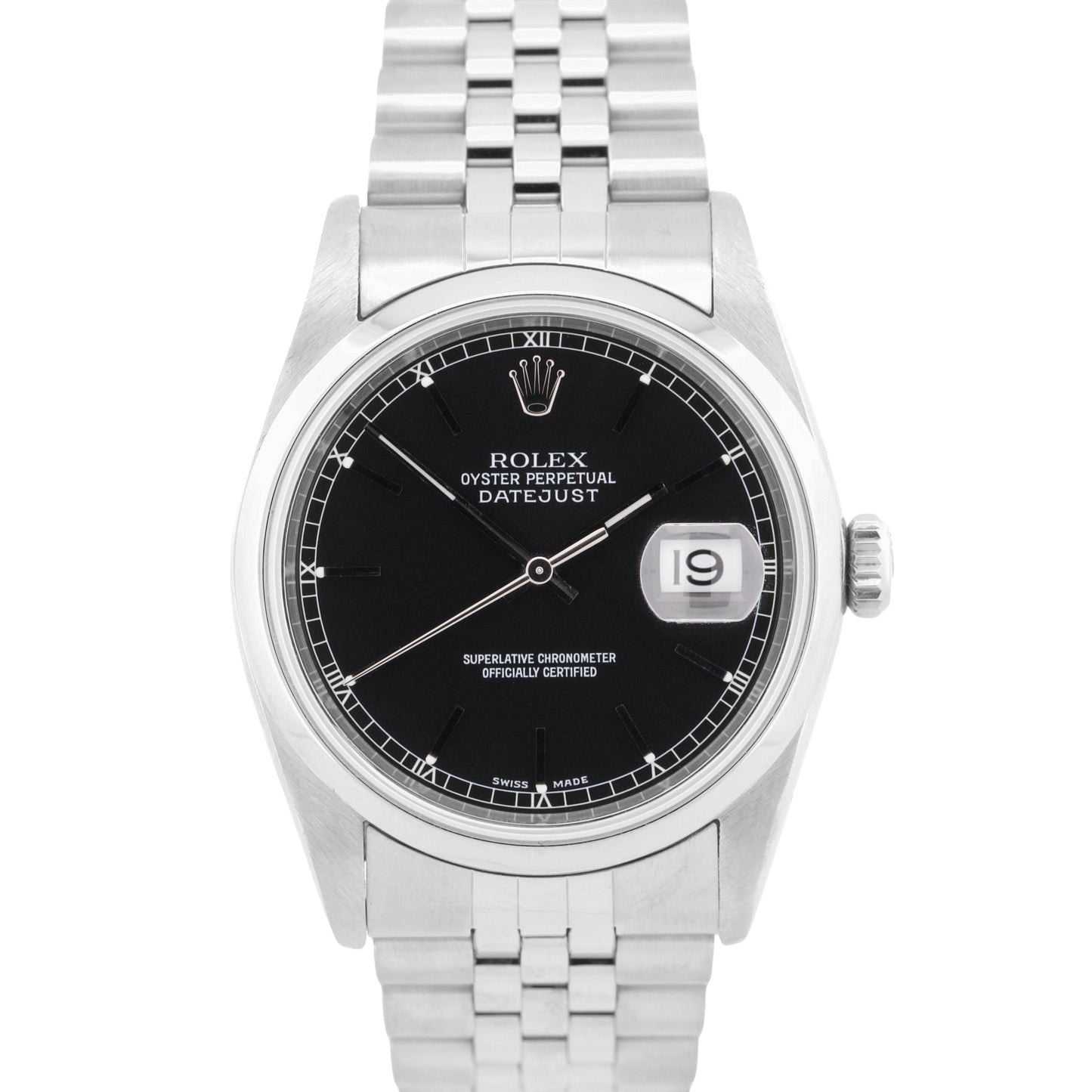 Rolex DateJust 36mm BLACK Stainless Steel JUBILEE Smooth Automatic Watch 16200