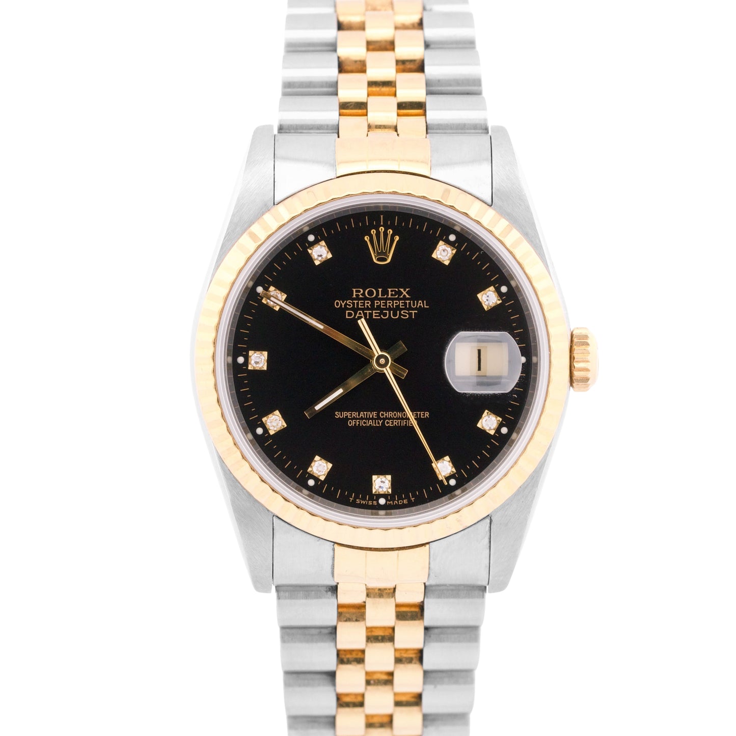 PAPERS Rolex DateJust 36mm FACTORY BLACK DIAMOND 18K Steel JUBILEE 16233 BOX