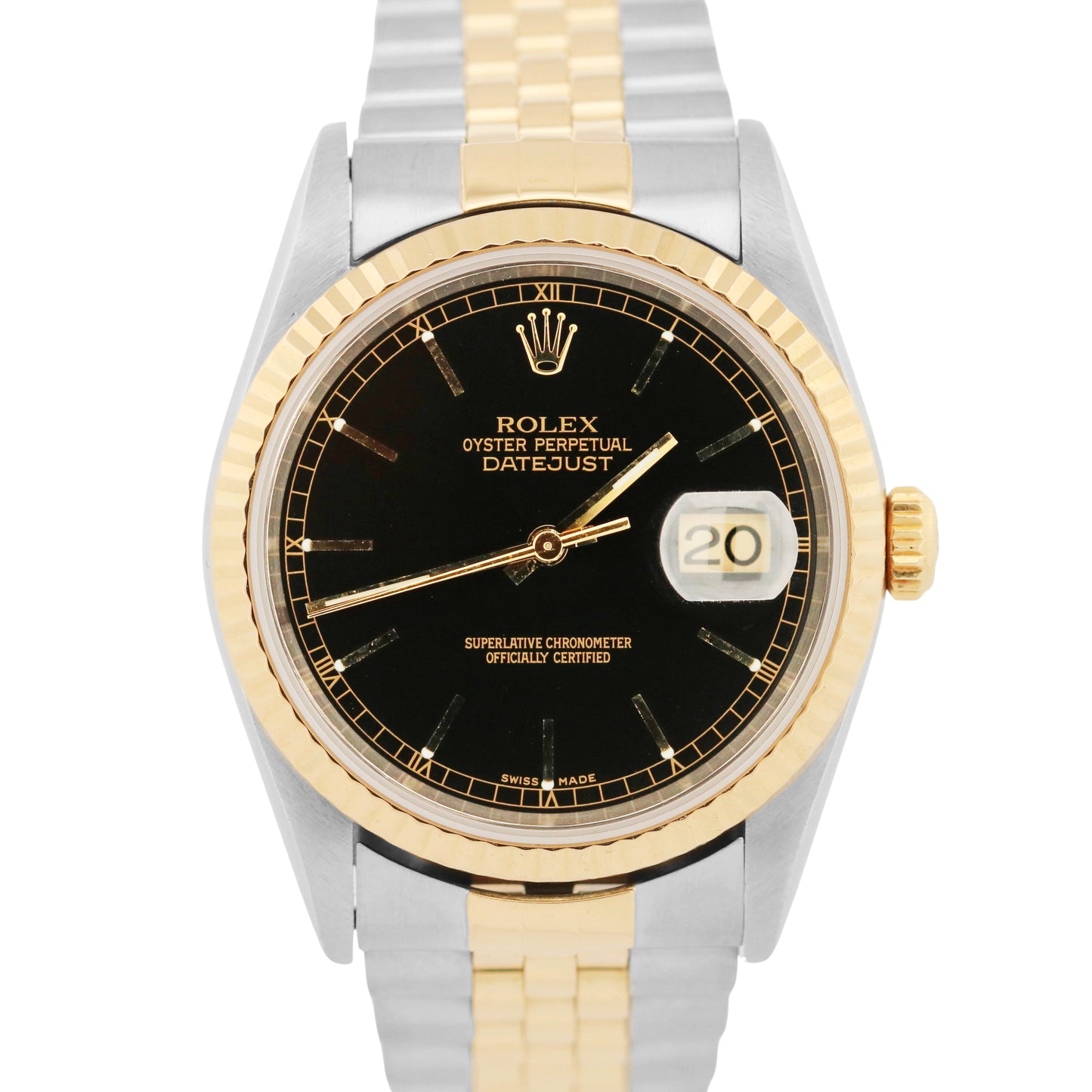 Rolex DateJust 36mm BLACK Two-Tone 18K Yellow Gold Steel Fluted JUBILEE 16233