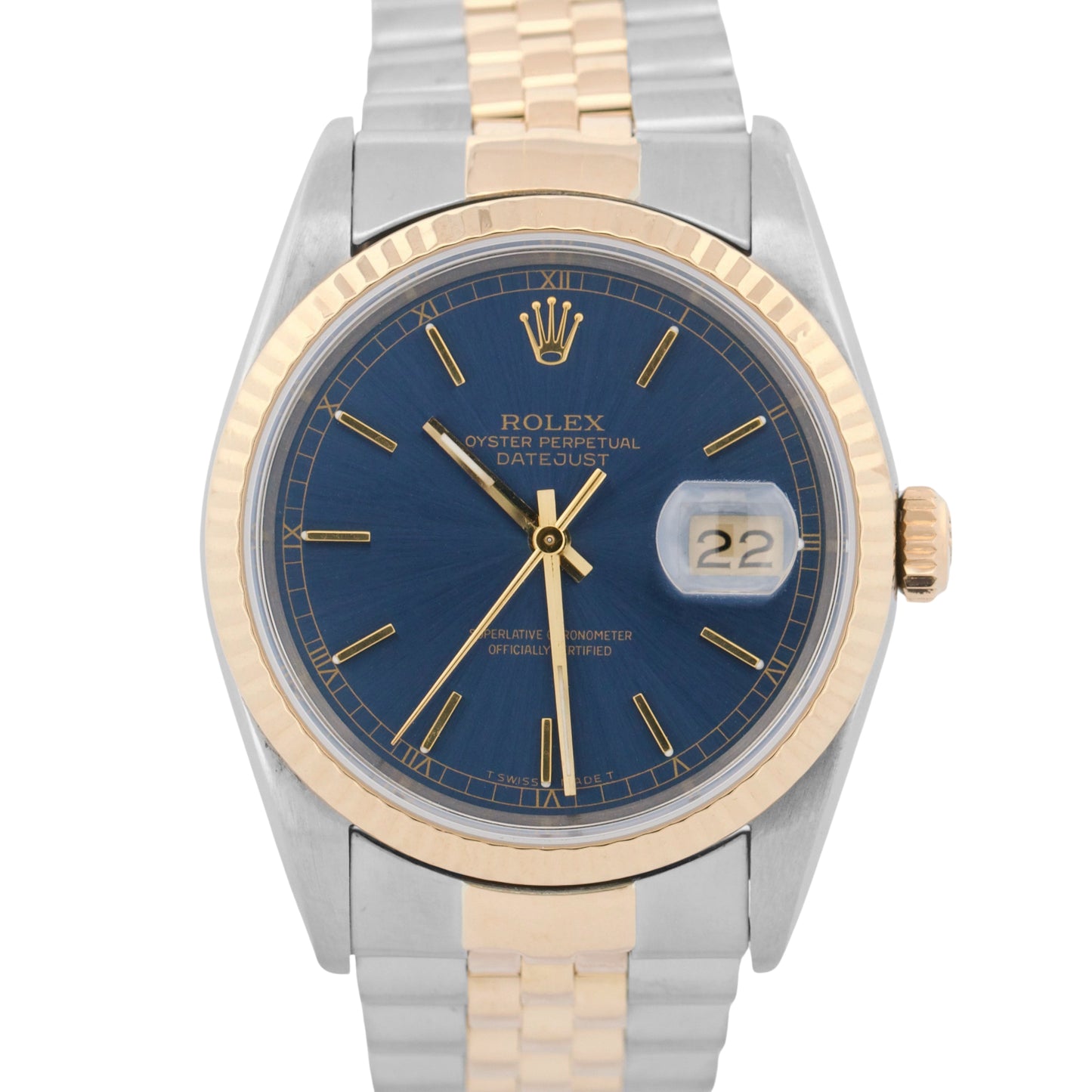 Rolex DateJust 36mm BLUE 18K Yellow Gold Stainless Steel JUBILEE Watch 16233