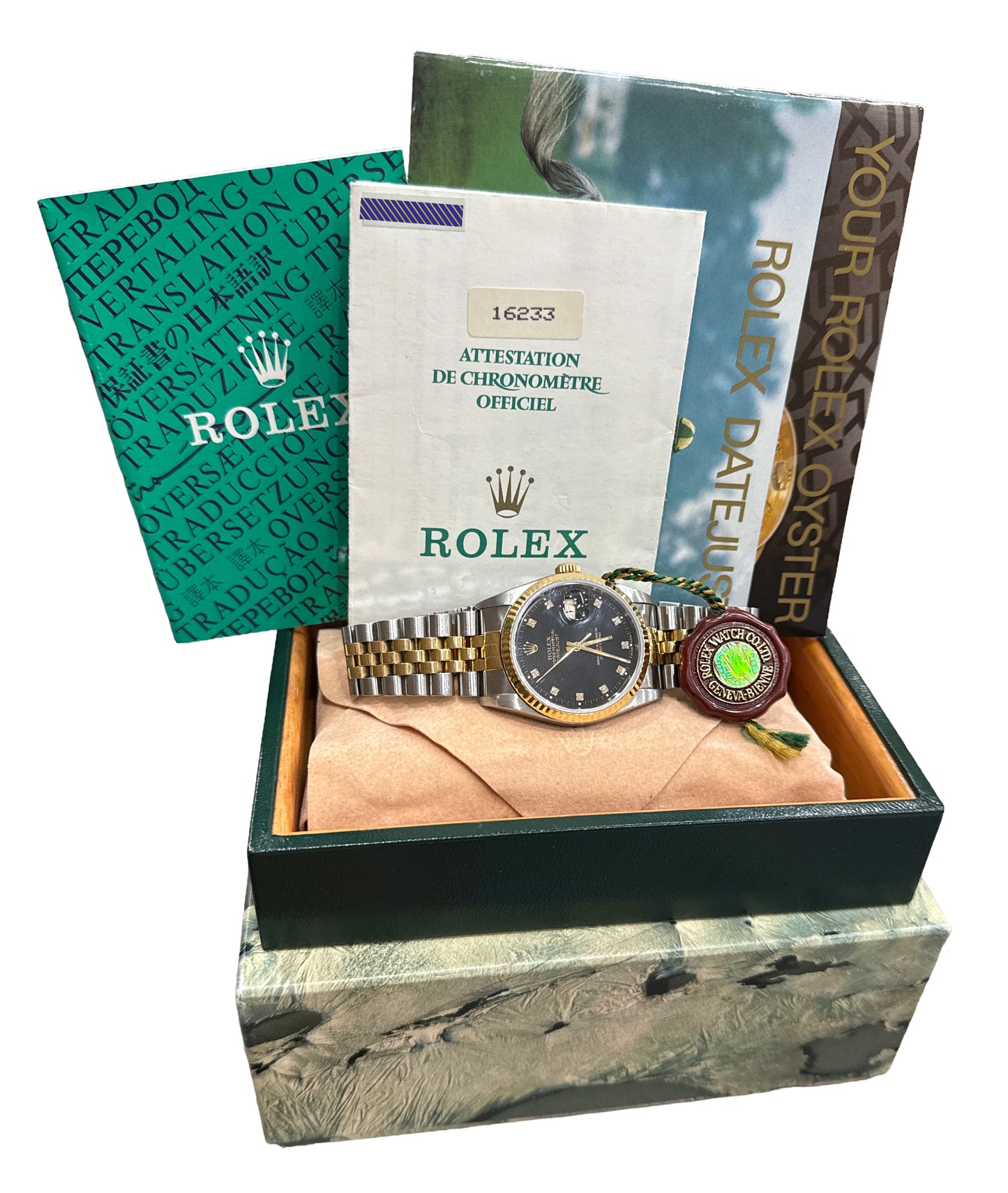 PAPERS Rolex DateJust 36mm FACTORY BLACK DIAMOND 18K Steel JUBILEE 16233 BOX