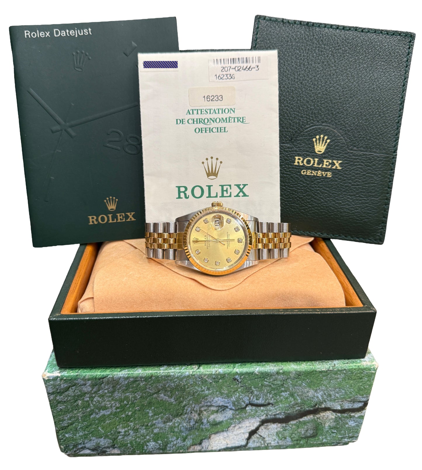 UNPOLISHED PAPERS Rolex DateJust 36mm CHAMPAGNE DIAMOND 18K JUBILEE 16233 BOX
