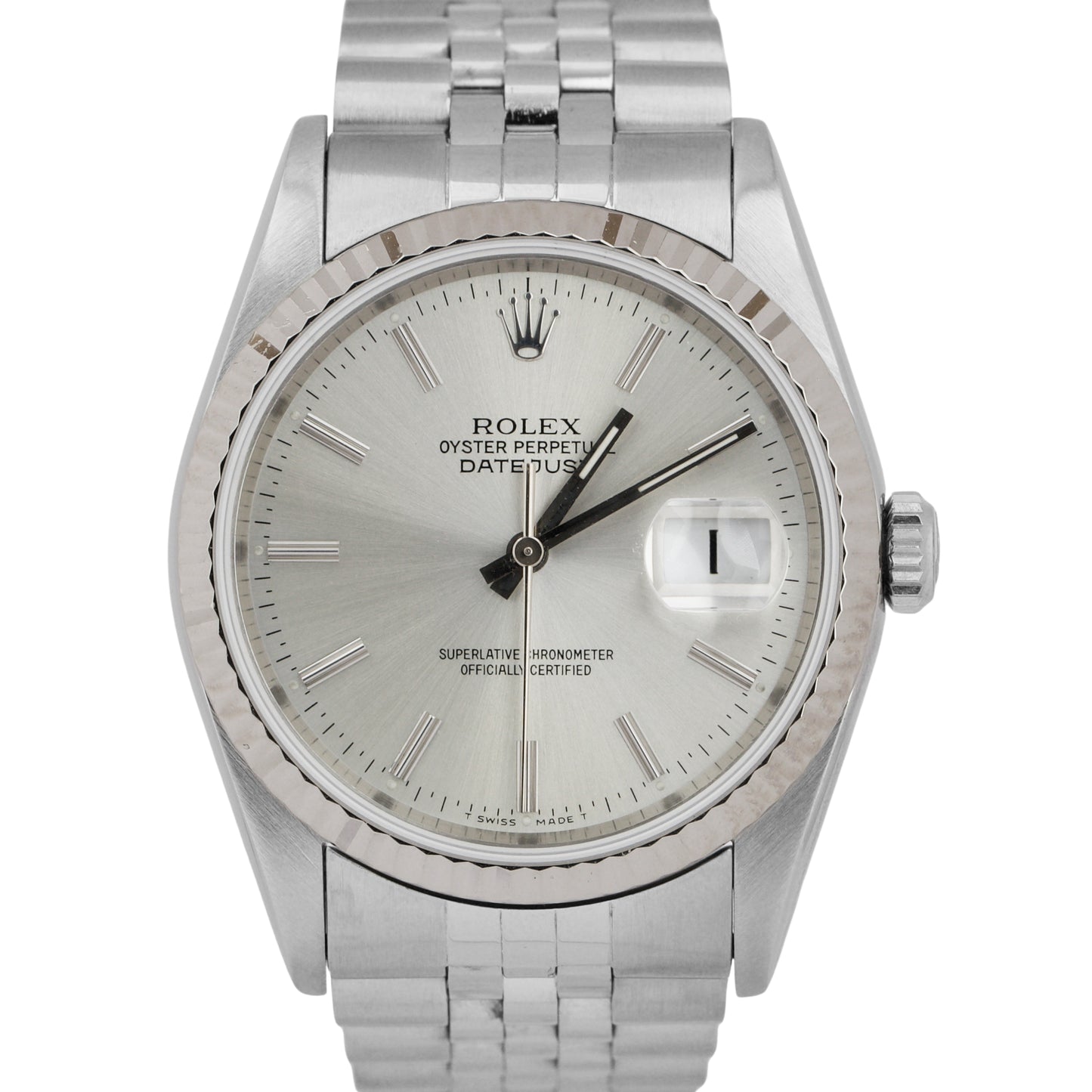 Rolex DateJust SILVER 36mm Stainless Steel JUBILEE 18K White Gold 16234 Watch