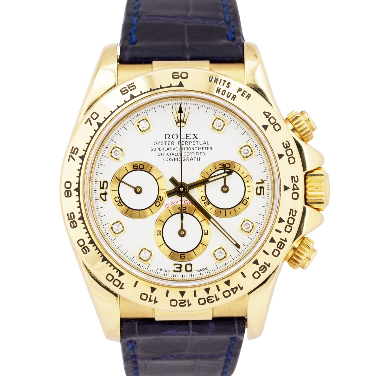 Rolex Daytona Cosmograph FACTORY WHITE DIAMOND Leather 18K Yellow Gold 16518