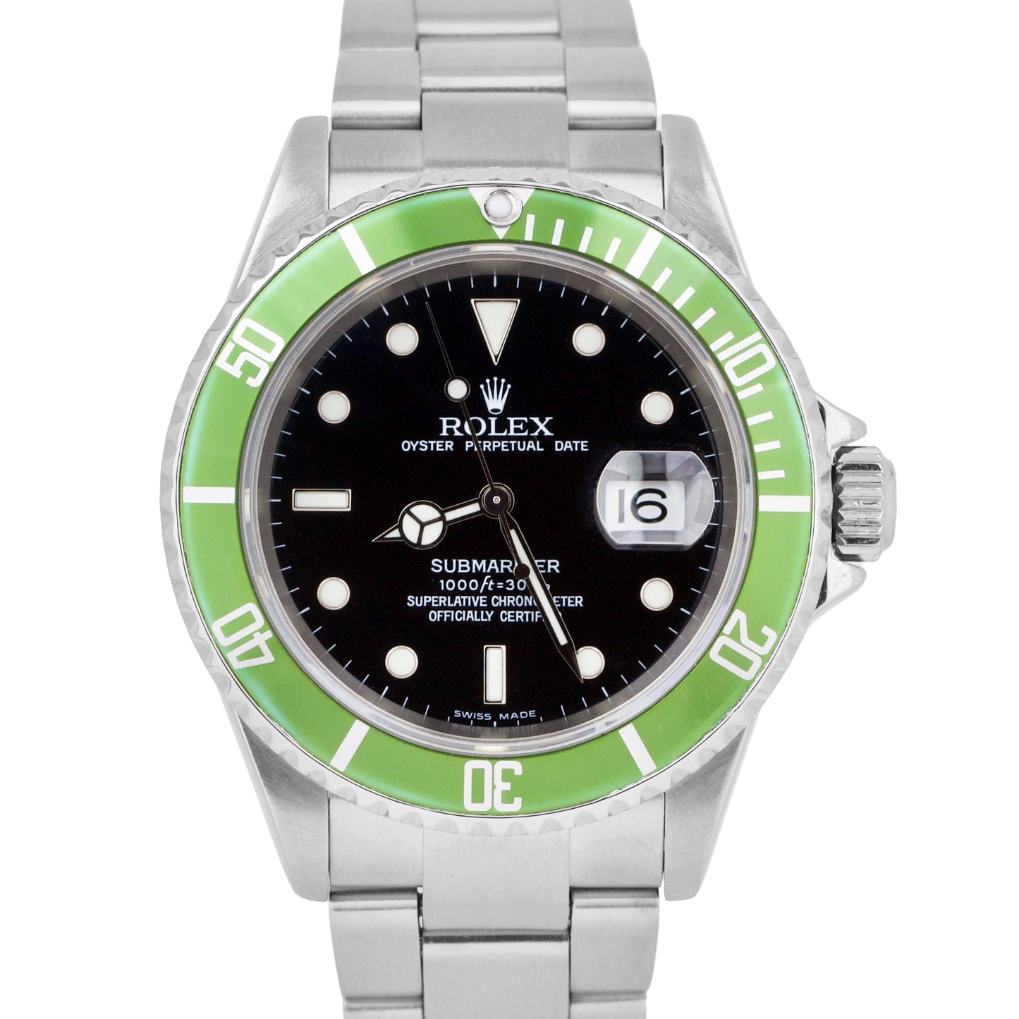 Rolex Submariner Date NO-HOLES CASE Green Black Stainless Automatic 16610 Watch