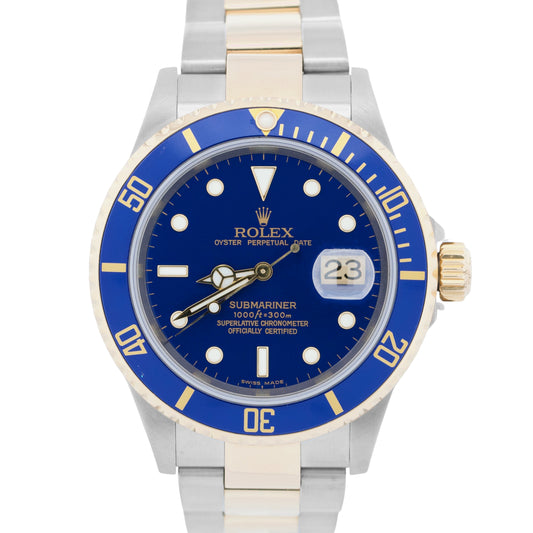 Rolex Submariner Date 40mm BLUE 18K Gold No-Holes Steel GOLD BUCKLE 16613 Watch