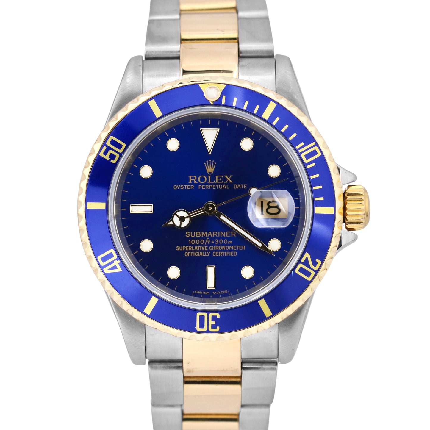 Rolex Submariner Date 40mm Blue Two-Tone 18K Gold Steel NO-HOLES Watch 16613