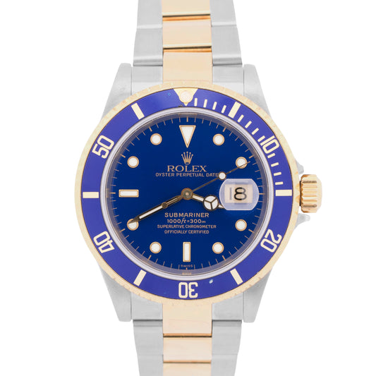 PAPERS Rolex Submariner 40mm BLUE 18K Yellow GOLD BUCKLE Stainless 16613 BOX