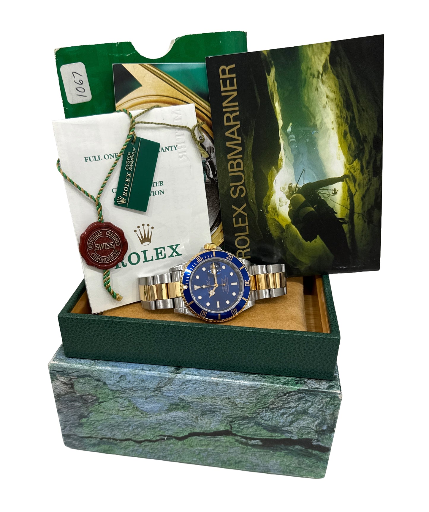 PAPERS Rolex Submariner 40mm BLUE 18K Yellow GOLD BUCKLE Stainless 16613 BOX