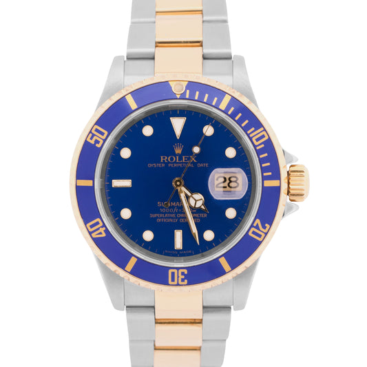 Rolex Submariner Date 40mm BLUE Two-Tone 18K Gold NO-HOLES Steel 16613 Watch