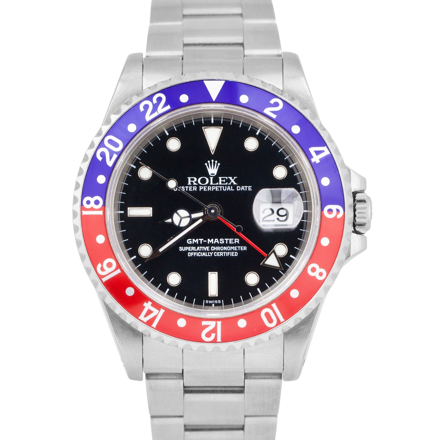 1999 PAPERS Rolex GMT-Master 40mm PEPSI Blue Red Stainless Steel Watch 16700 B+P