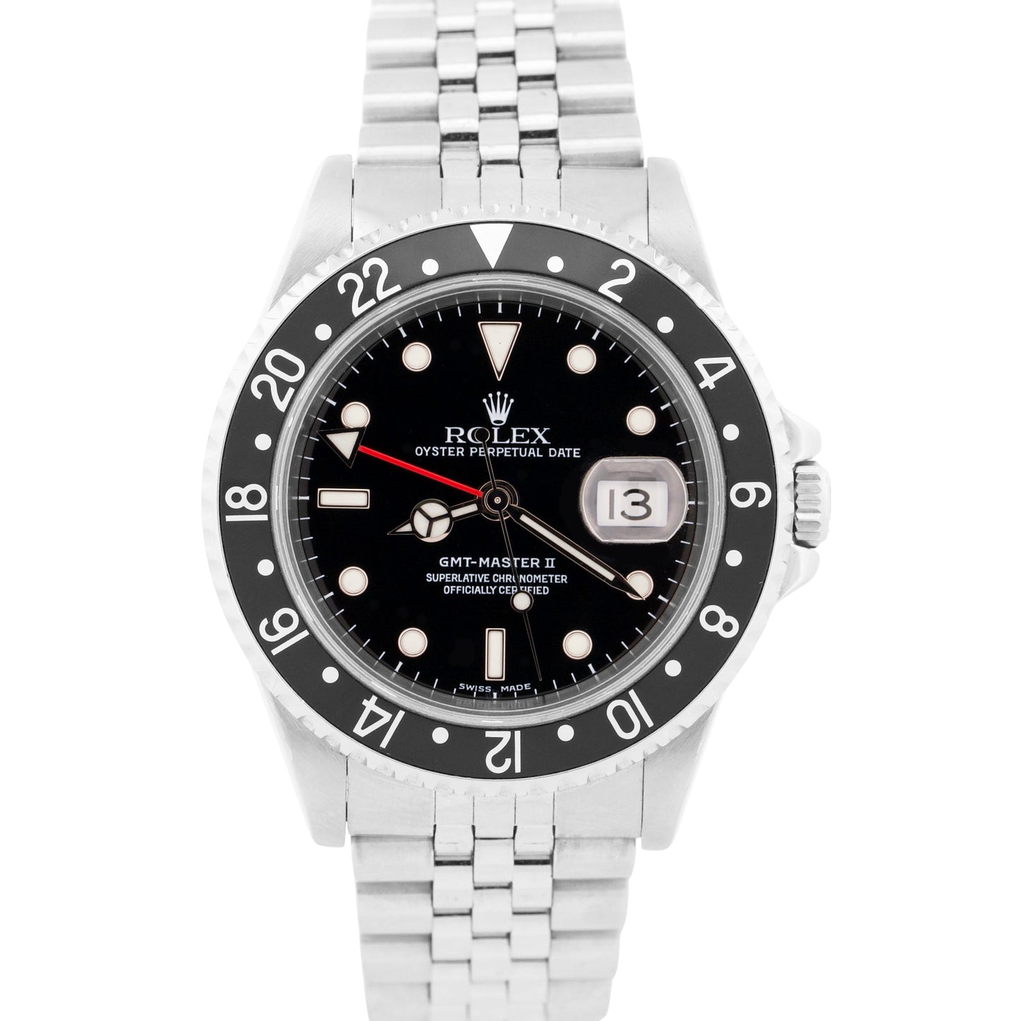 PAPERS Rolex GMT-Master II Red Black NO-HOLES Steel JUBILEE 40mm 16710 BOX