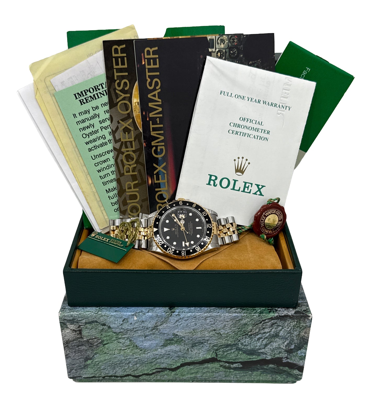 PAPERS Rolex GMT-Master II BLACK 18K Yellow Gold Steel JUBILEE 40mm 16713 BOX