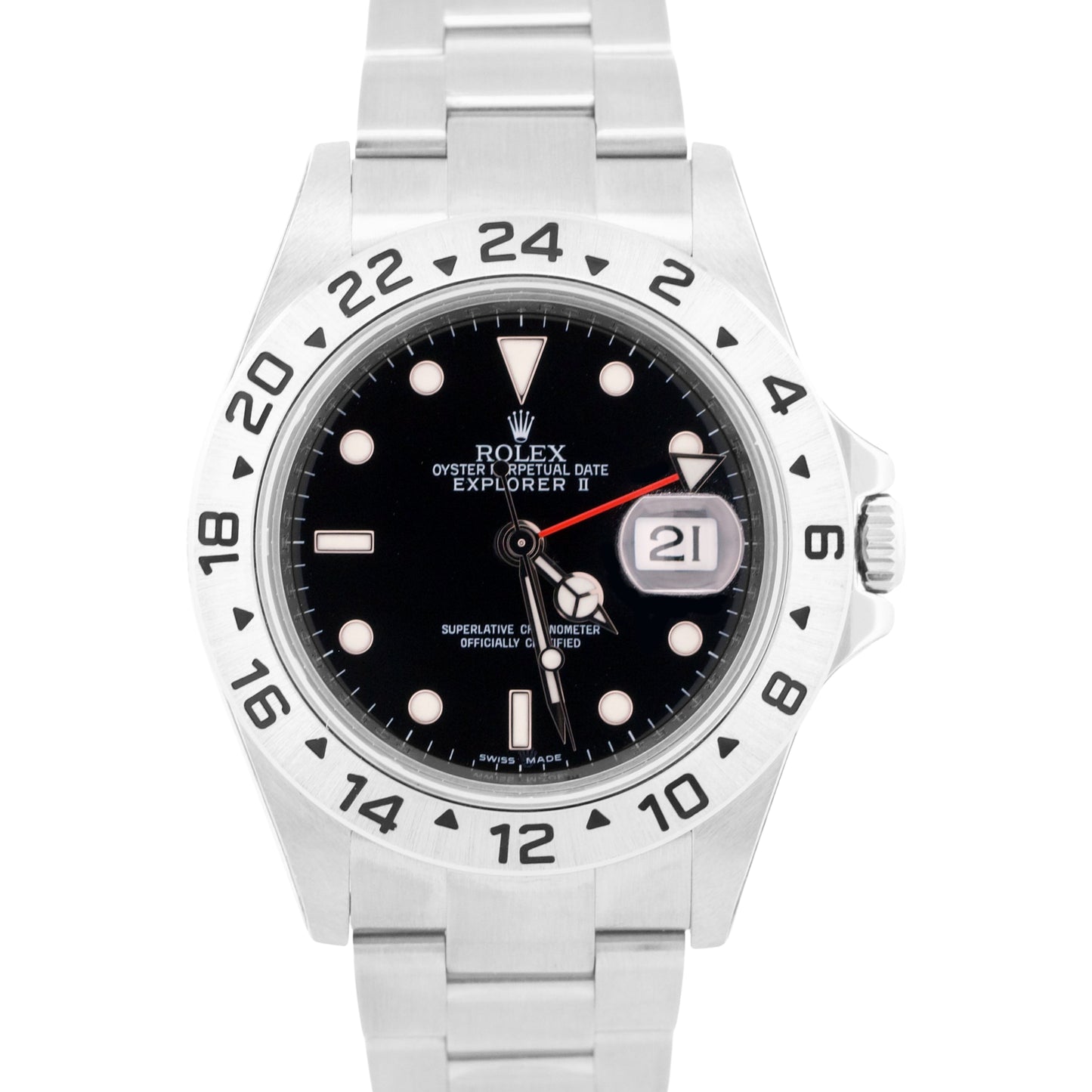 NOS STICKERED Rolex Explorer II 40mm 3186 BLACK Red Steel REHAUT 16570 Watch