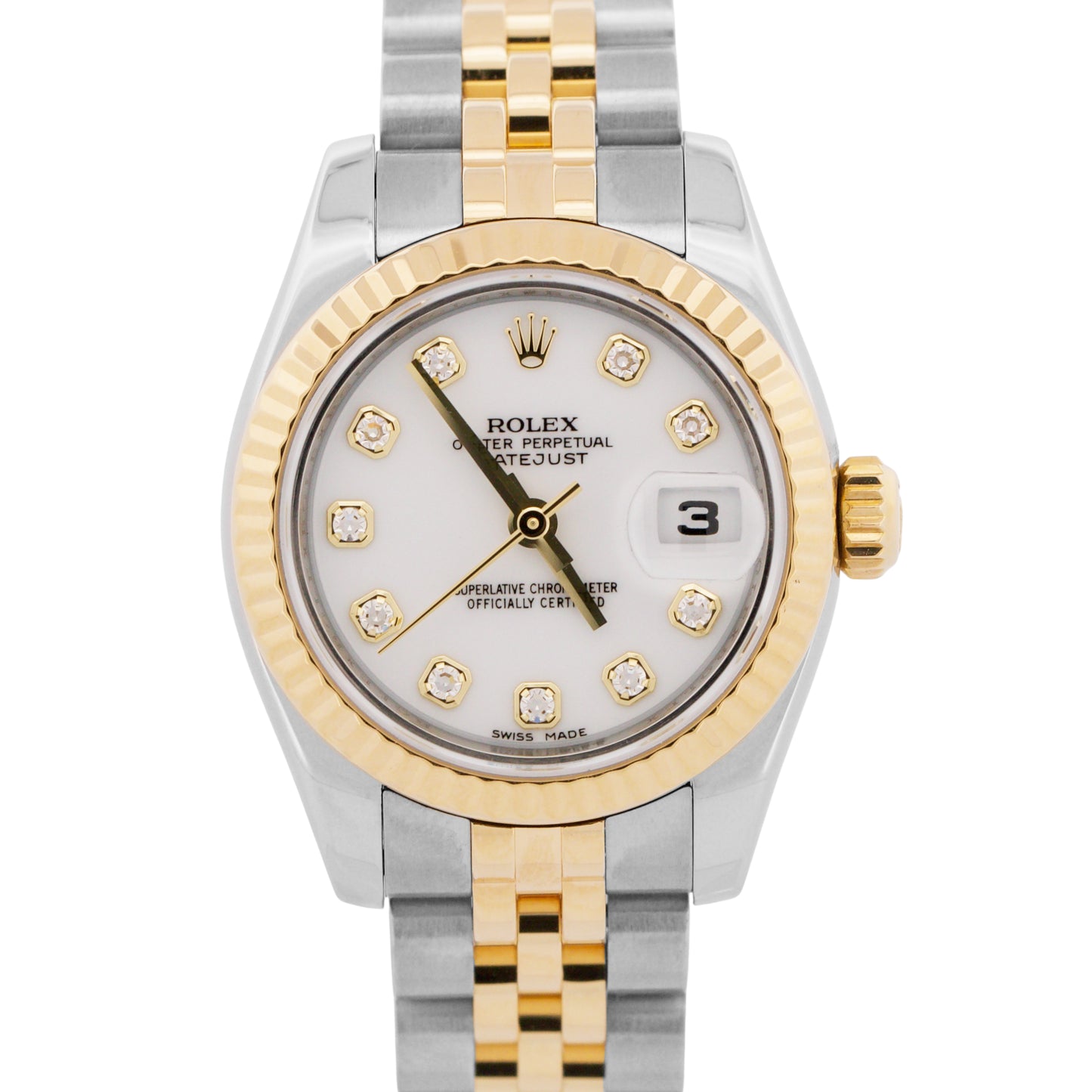 MINT Ladies Rolex DateJust WHITE DIAMOND 18K Gold 26mm JUBILEE Watch 179173