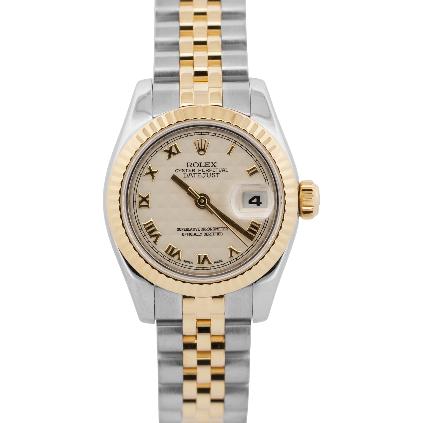 PAPERS Ladies Rolex DateJust IVORY PYRAMID ROMAN 18K 26mm JUBILEE 179173 BOX