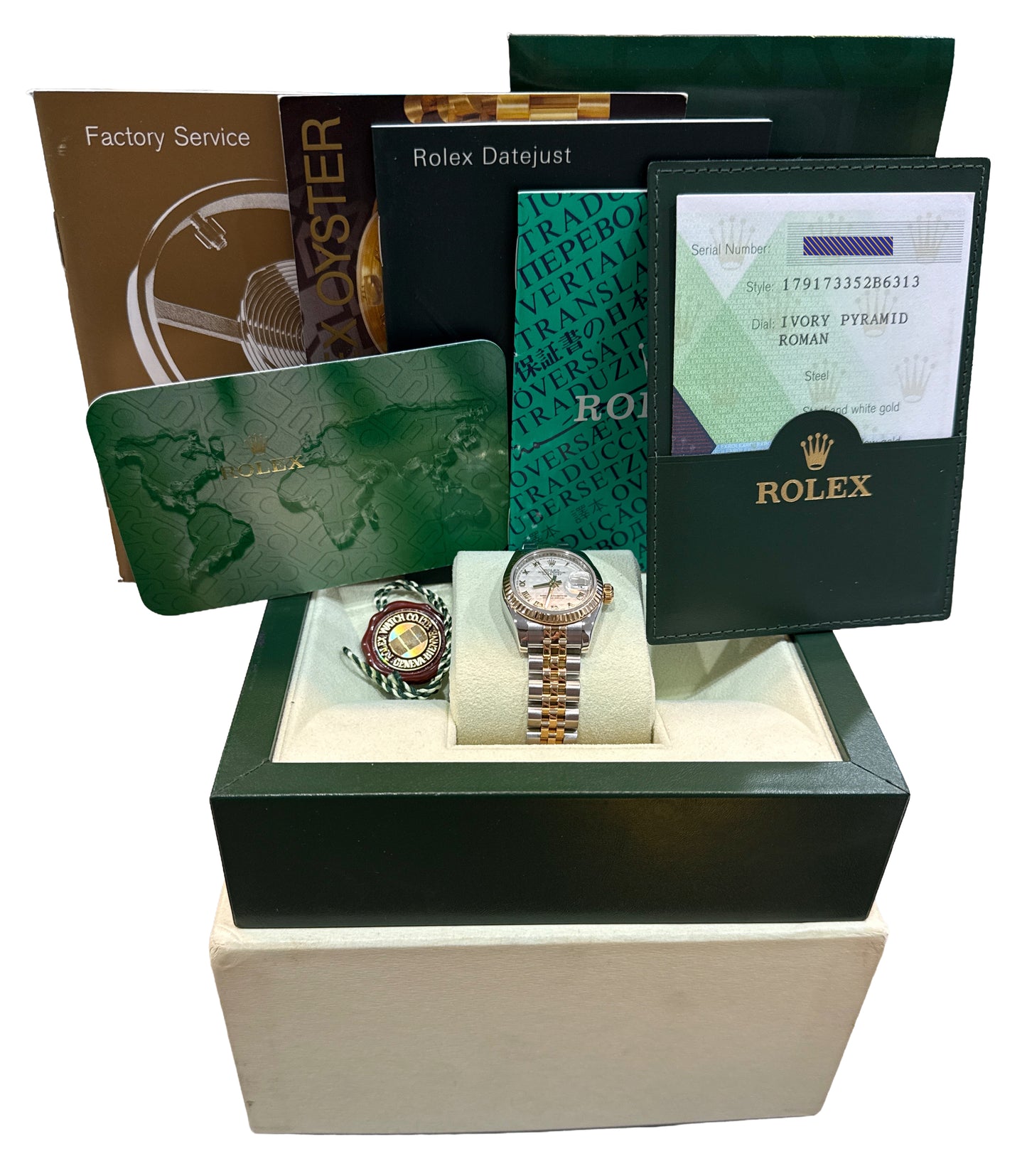 PAPERS Ladies Rolex DateJust IVORY PYRAMID ROMAN 18K 26mm JUBILEE 179173 BOX