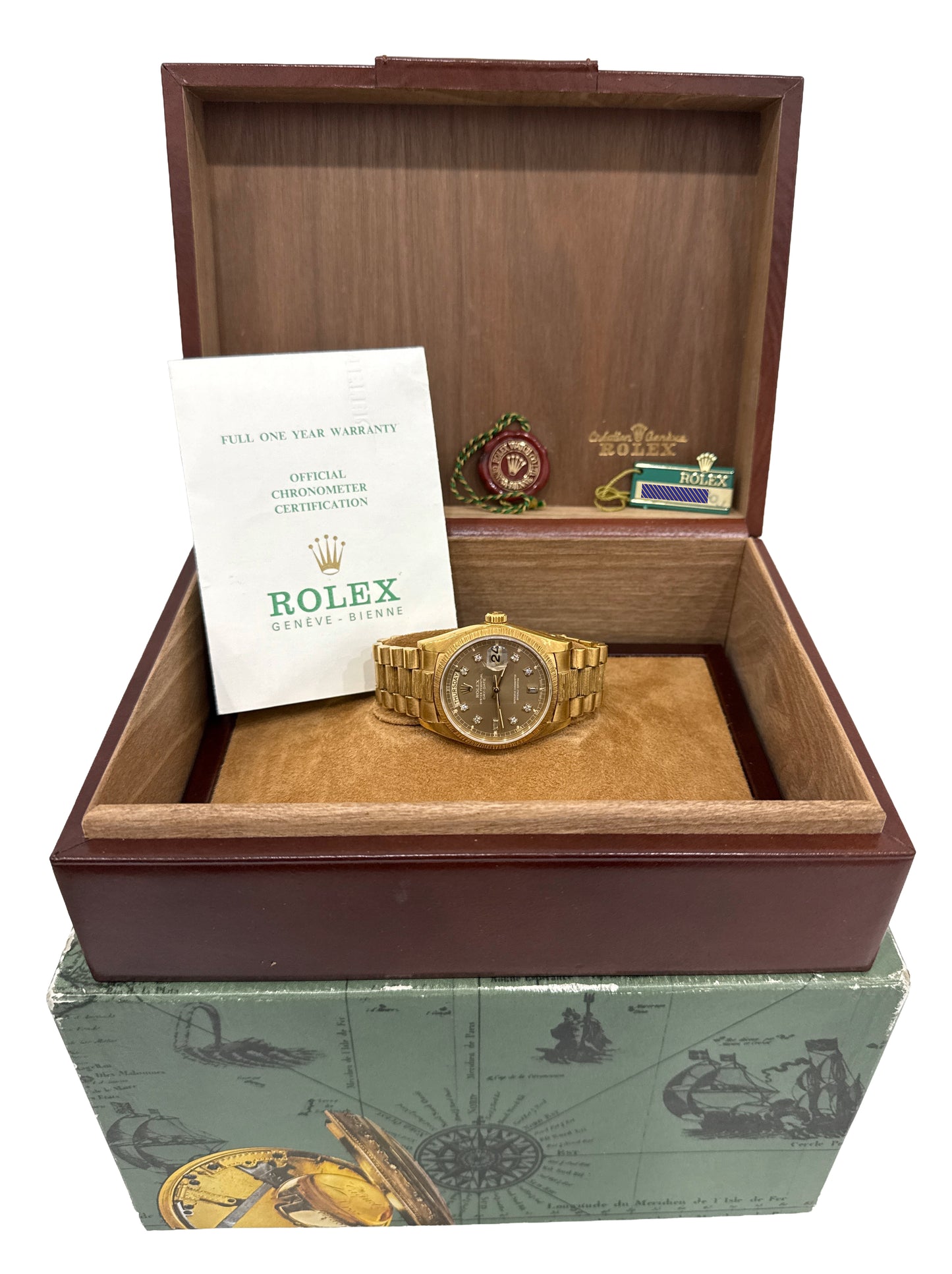 PAPERS Rolex Day-Date President 36mm BROWN DIAMOND 18K Gold BARK 18078 BOX