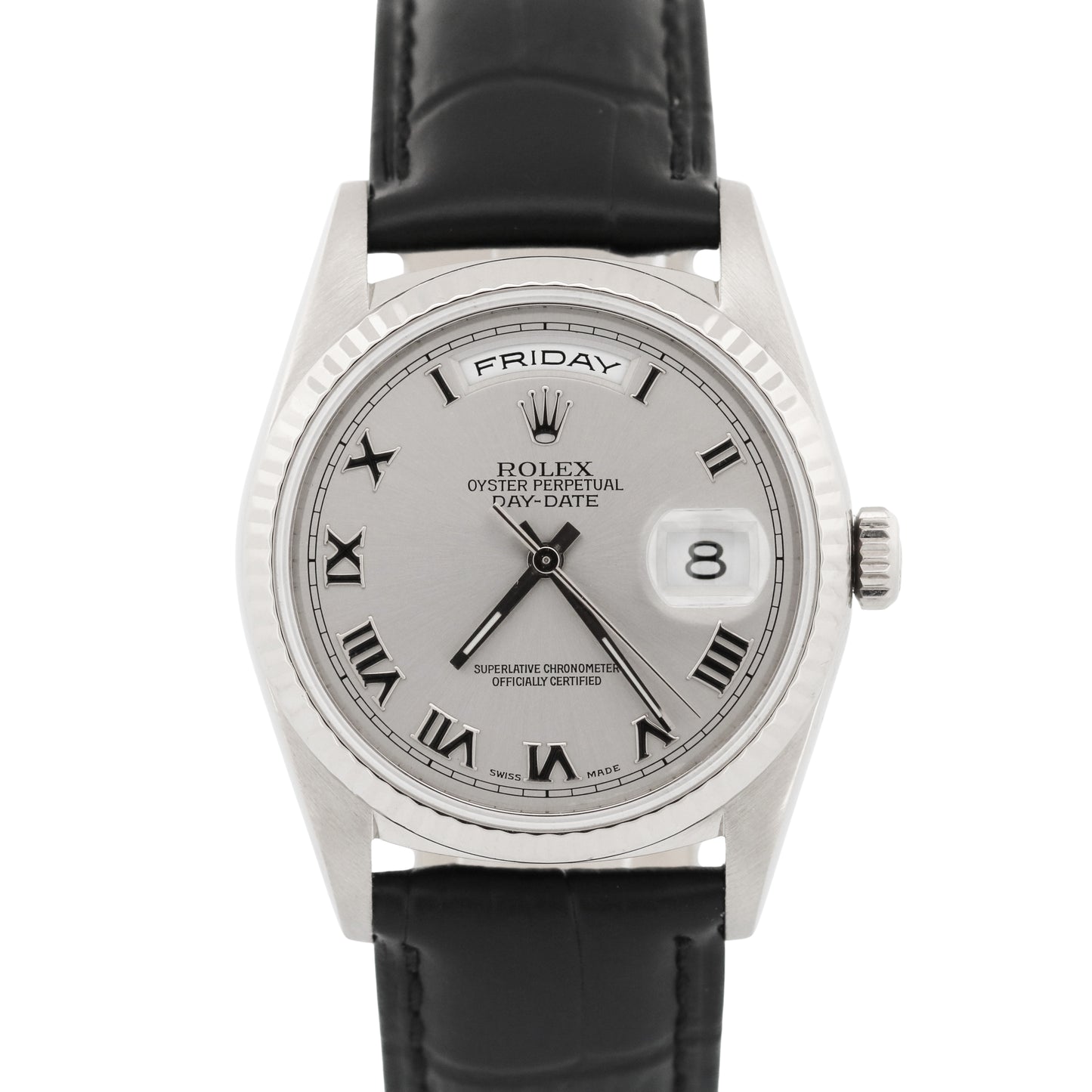 1999 Rolex Day-Date 36mm SILVER ROMAN 18K White Gold Fluted Leather Watch 18239