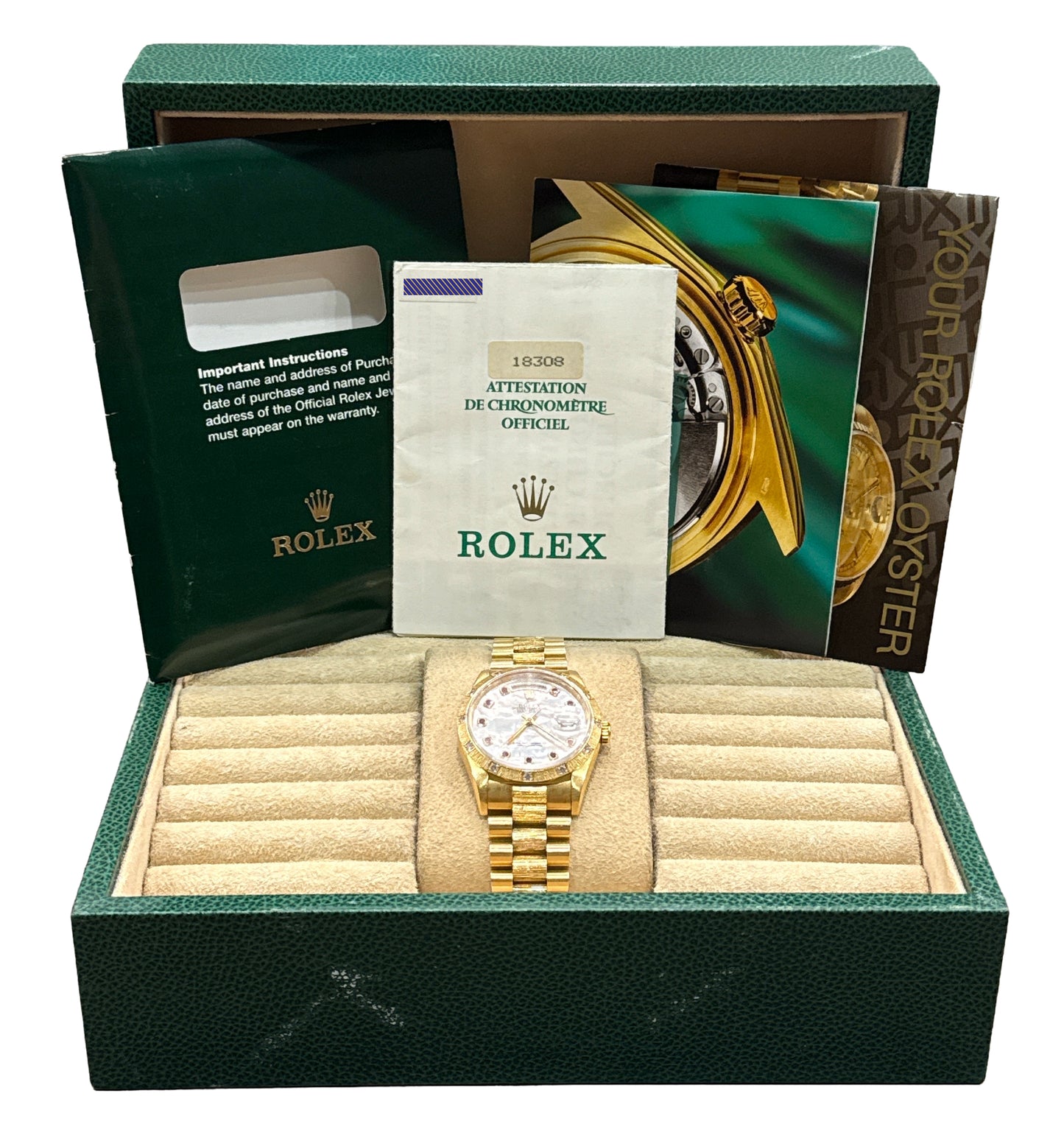 PAPERS Rolex Day-Date President MOP RUBY 18K Gold DIAMOND BARK 36mm 18308 BOX
