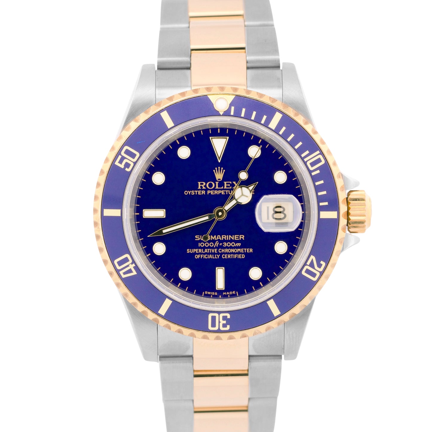 MINT PAPERS Rolex Submariner 40mm BLUE 18K Steel No-Holes GOLD BUCKLE 16613 BOX