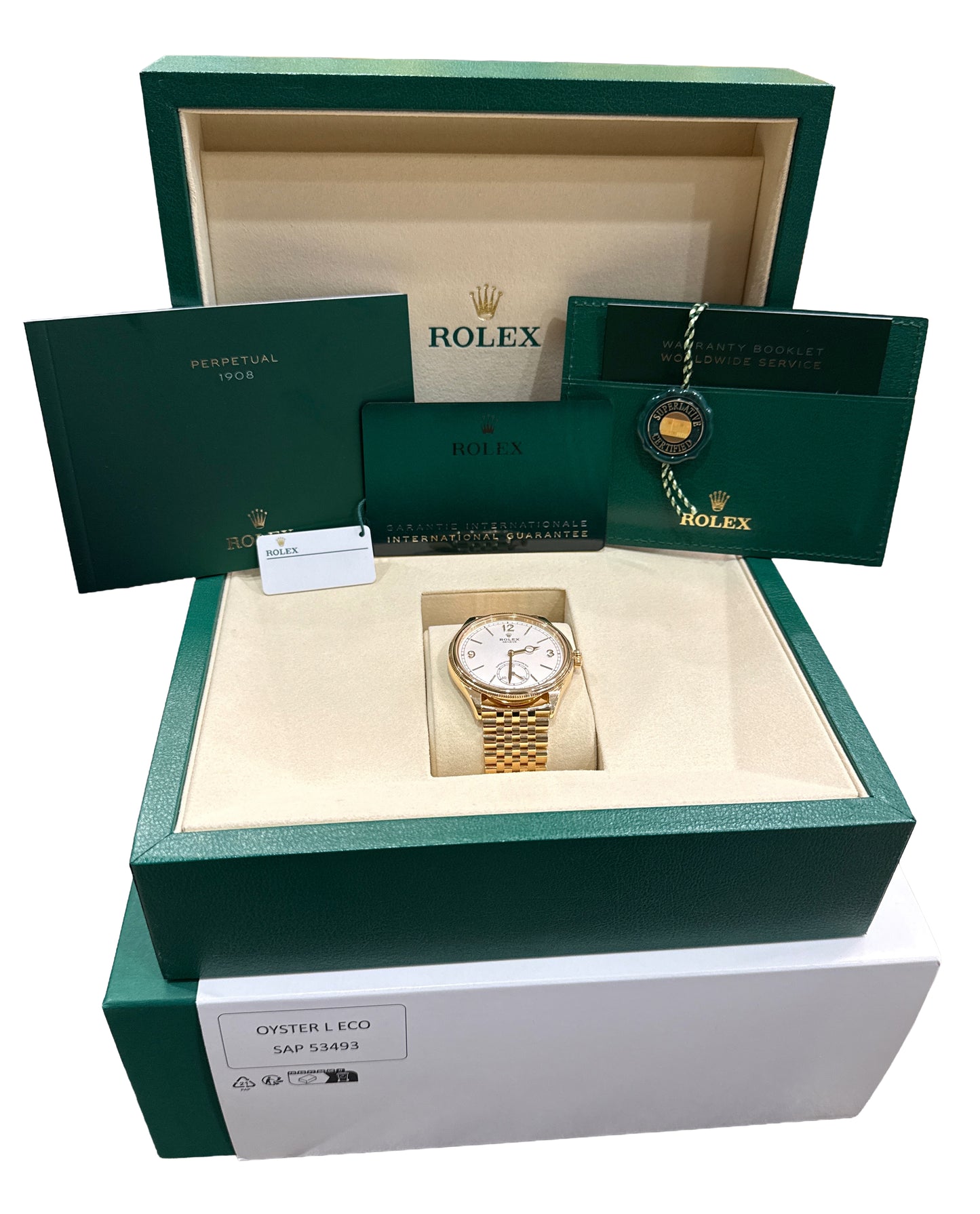 2025 PAPERS Rolex 1908 WHITE Arabic 18K Yellow Gold SETTIMO 39mm 52508 Watch BOX