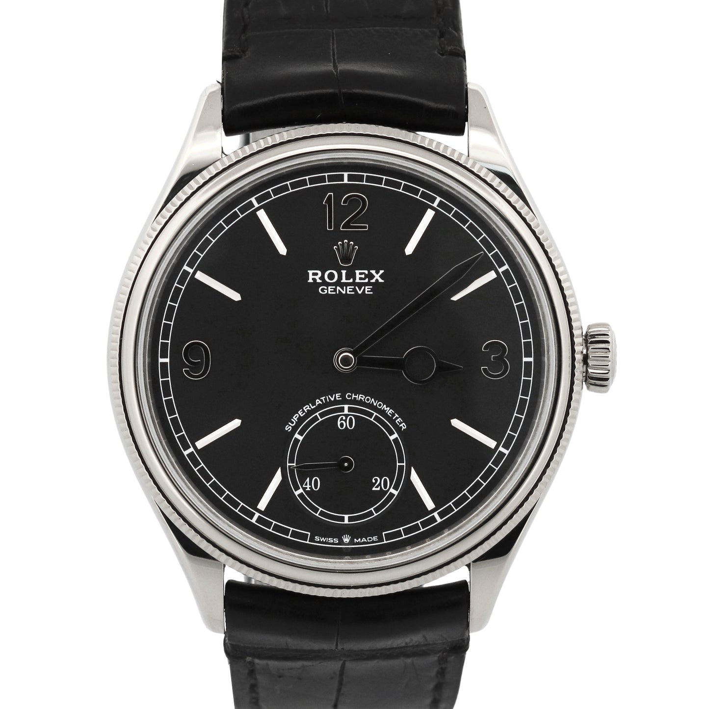 Rolex 1908 18K White Gold BLACK 39mm Leather Automatic Fluted 52509 Watch