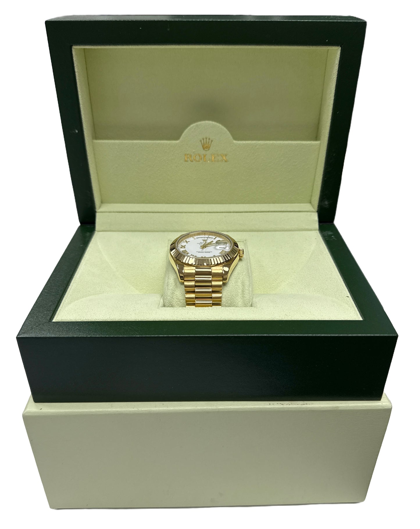 Rolex Day-Date II President 41mm WHITE ROMAN 18K Yellow Gold 218238 Watch BOX